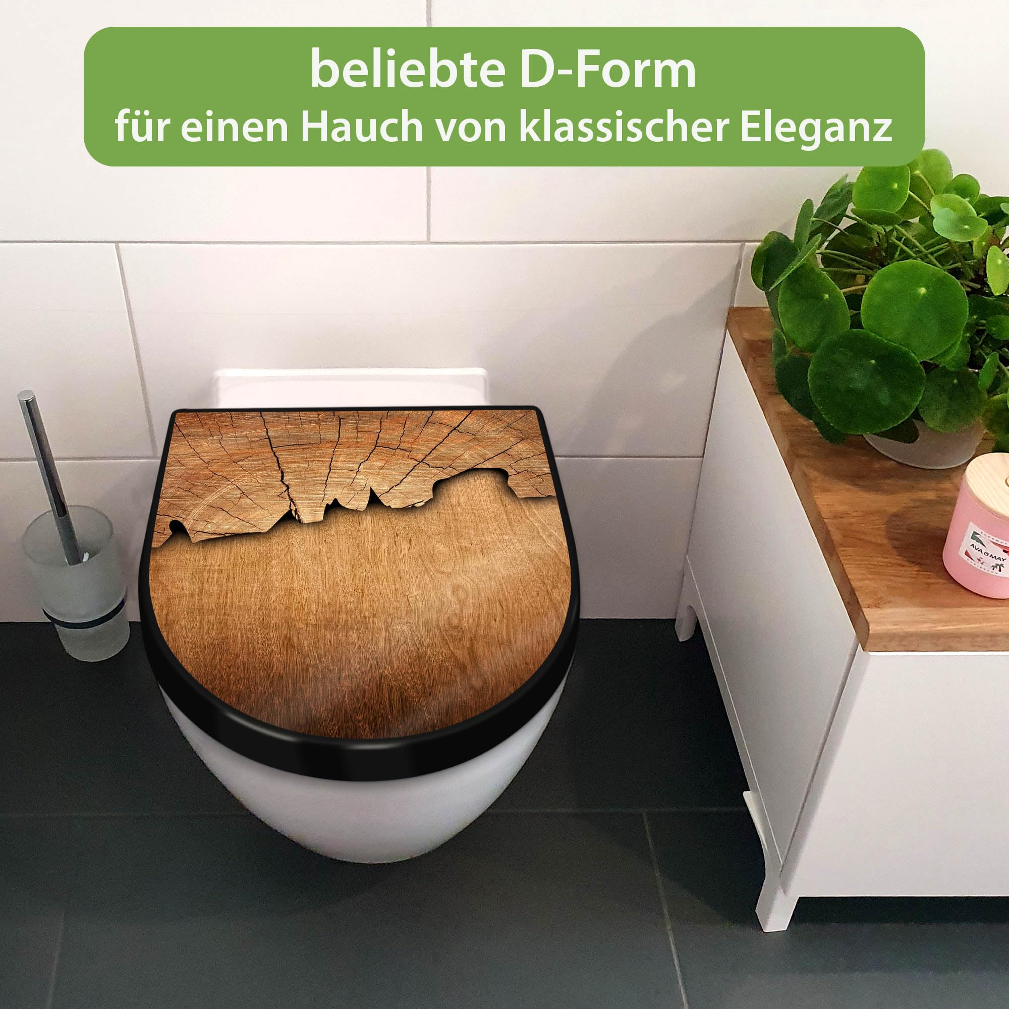 banjado WC Sitz mit Absenkautomatik D Form - Toilettendeckel mit Absenkautomatik D Form - Klodeckel Softclose - stabile Klobrille - Toilettensitz Schwarz - Motiv Holz