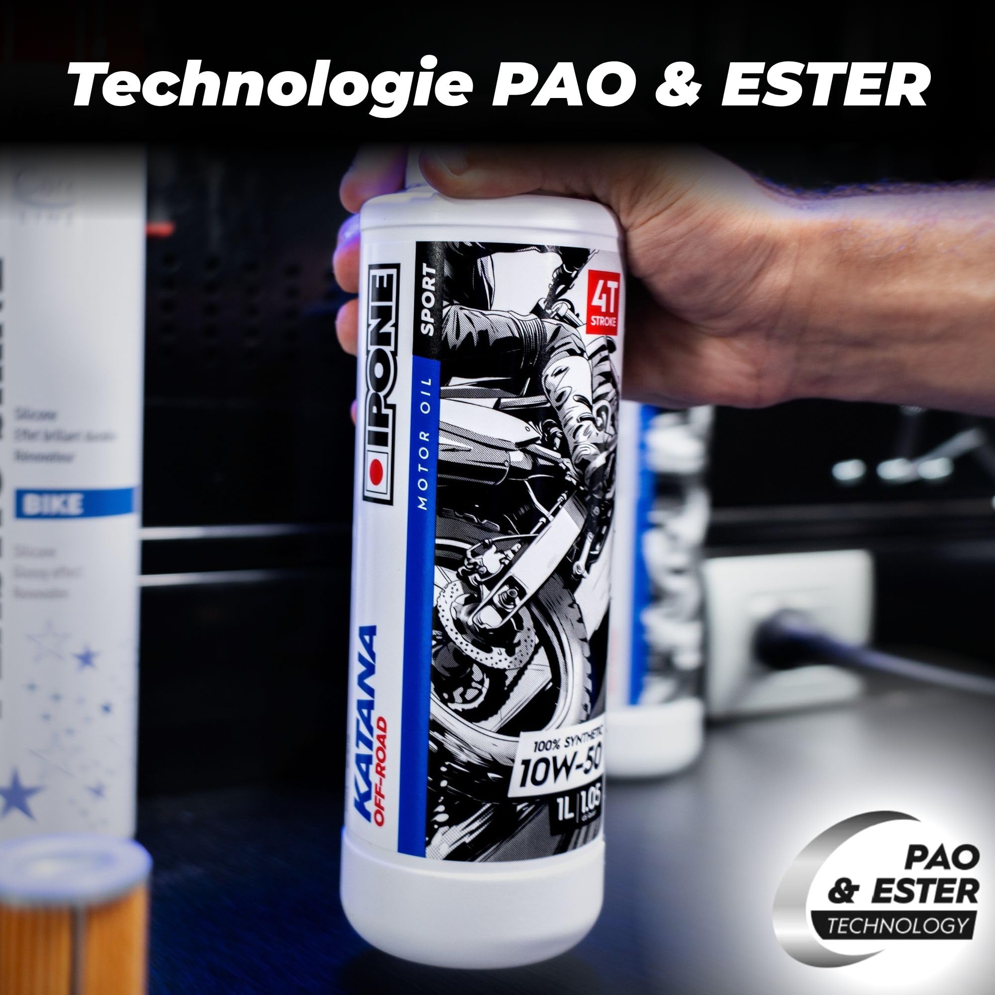IPONE - Huile Moteur Moto 4 Temps 10W40 Katana Off Road - Bidon 1 Litre - Lubrifiant 100% Synthétique avec Esters – Montées en Régimes Plus Franches – Passage de Vitesse Rapide et Précis