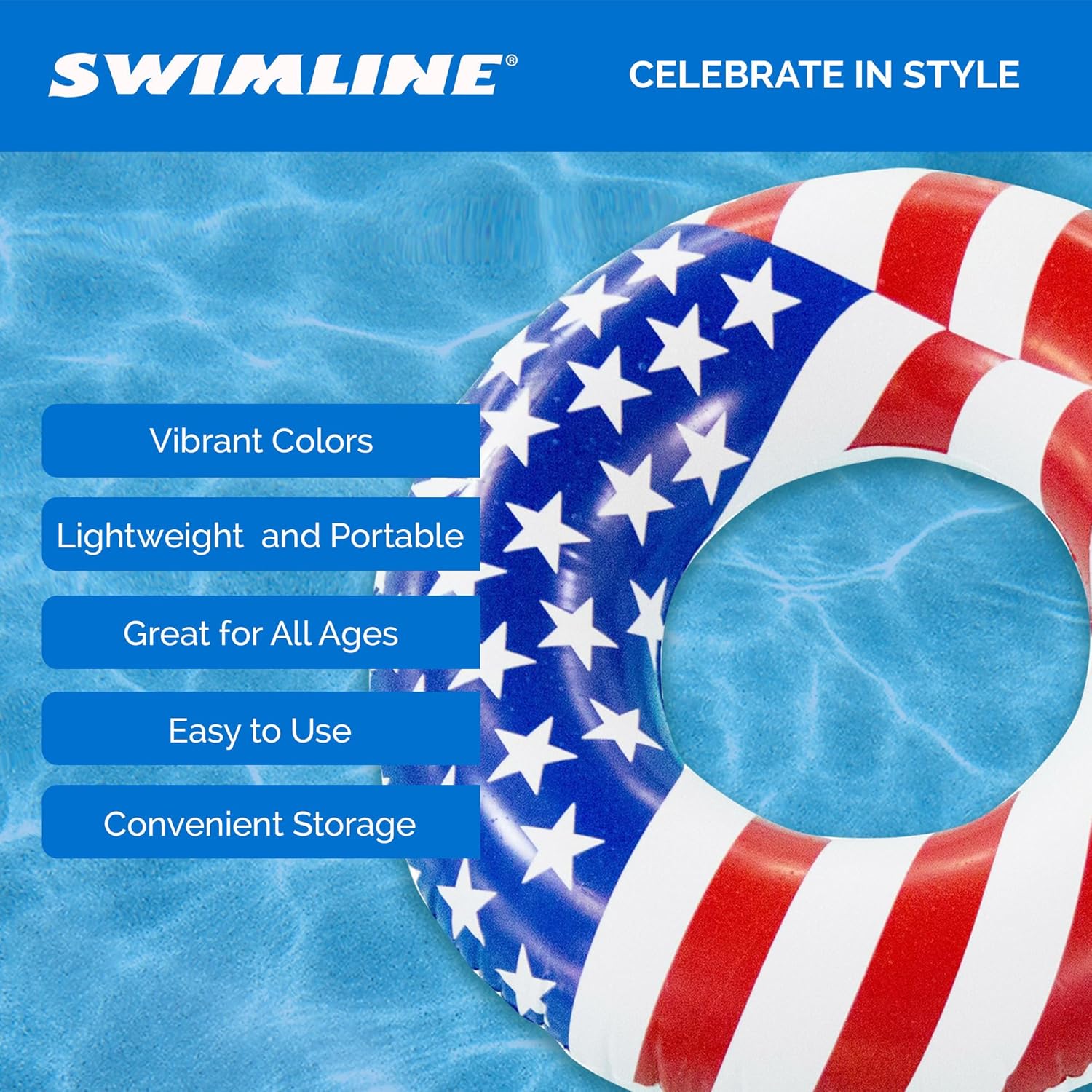 Swimline 90196 Round 36 Inch Inflatable Patriotic American Flag Swimming Pool or Lake Tube Lounger Water Float for Kids and Adults, (5 Pack)