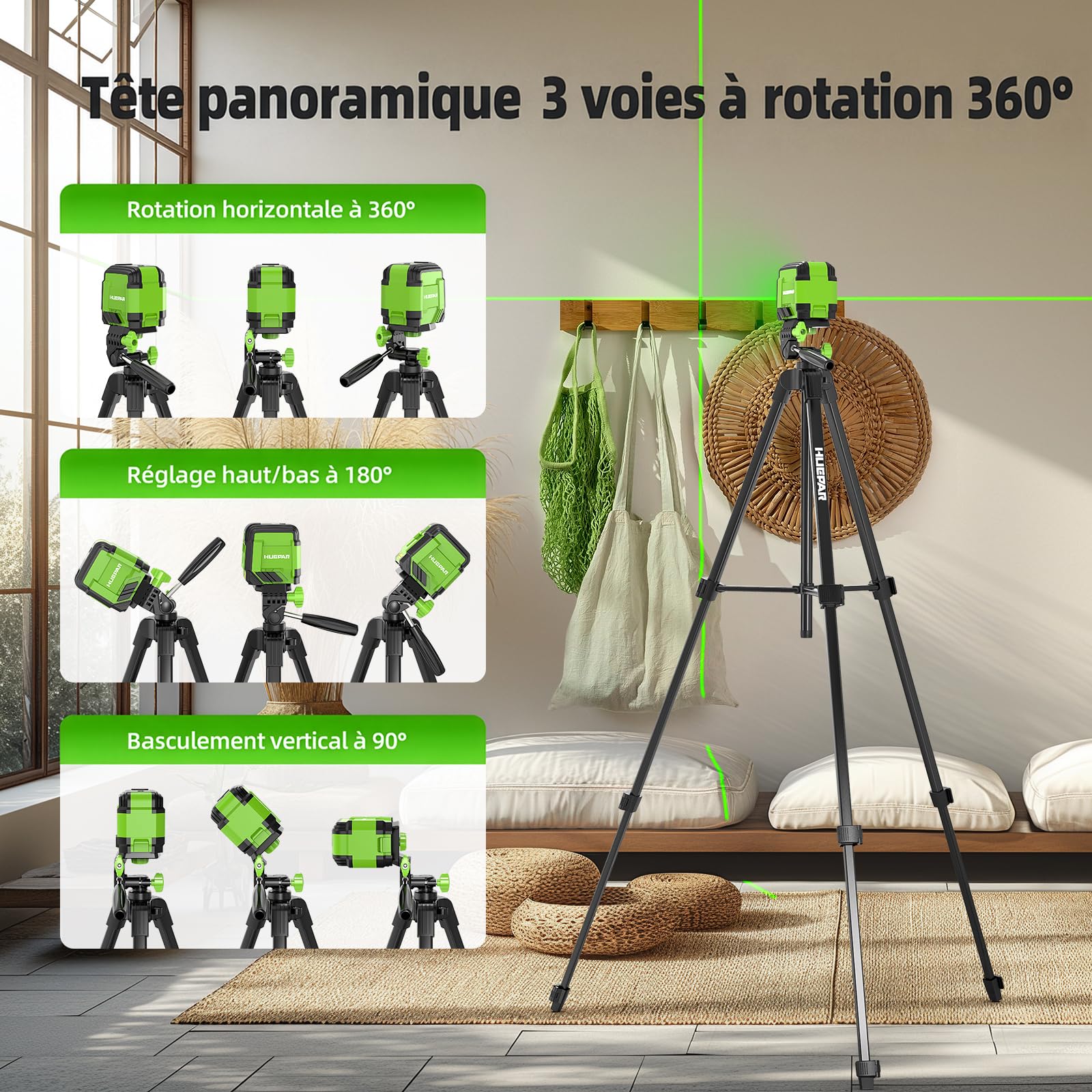 Niveau Laser Auto-nivelant avec 152cm Trépied, Huepar 30M Vert Croisée Laser à Ligne pour Accrochage de Tableaux, Rénovation de Maison, Projet d'Intérieur, Batterie et Sac de Transport