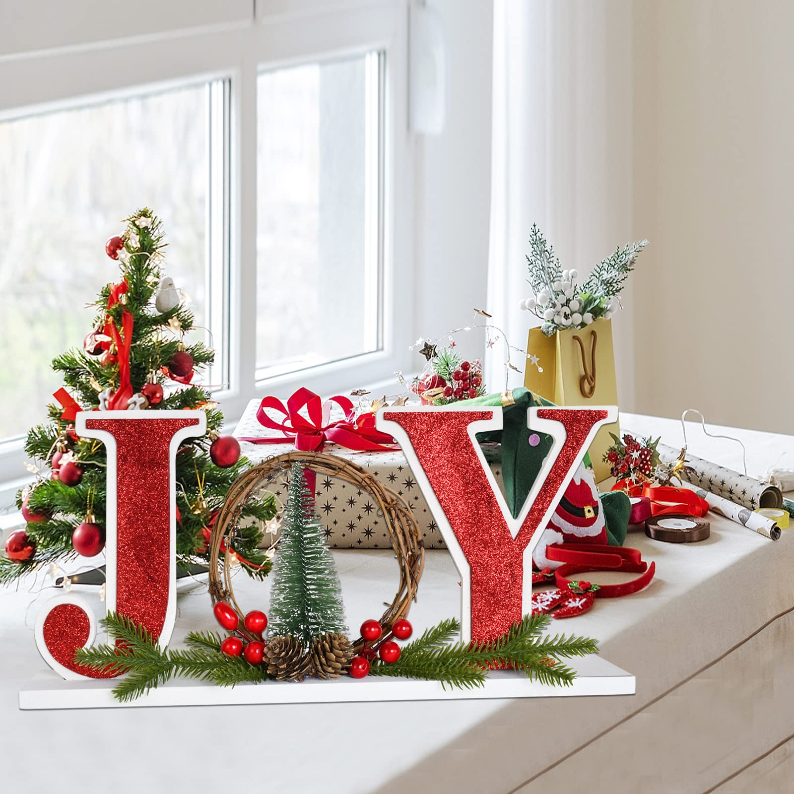 Letrero de madera de Navidad para decoración del hogar, decoración decorativa de madera con palabras de alegría, decoración rústica independiente del hogar, 40 x 19 cm, letrero de letras de bloque de