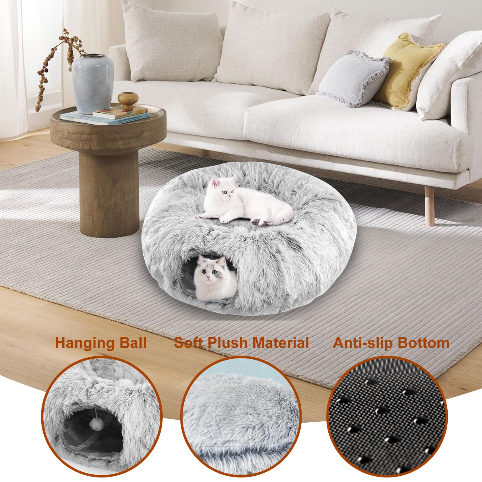 Túnel de felpa suave para gatos con cama de dona, cueva Peekaboo para gatos de interior, gatitos, conejos, hurones, gris
