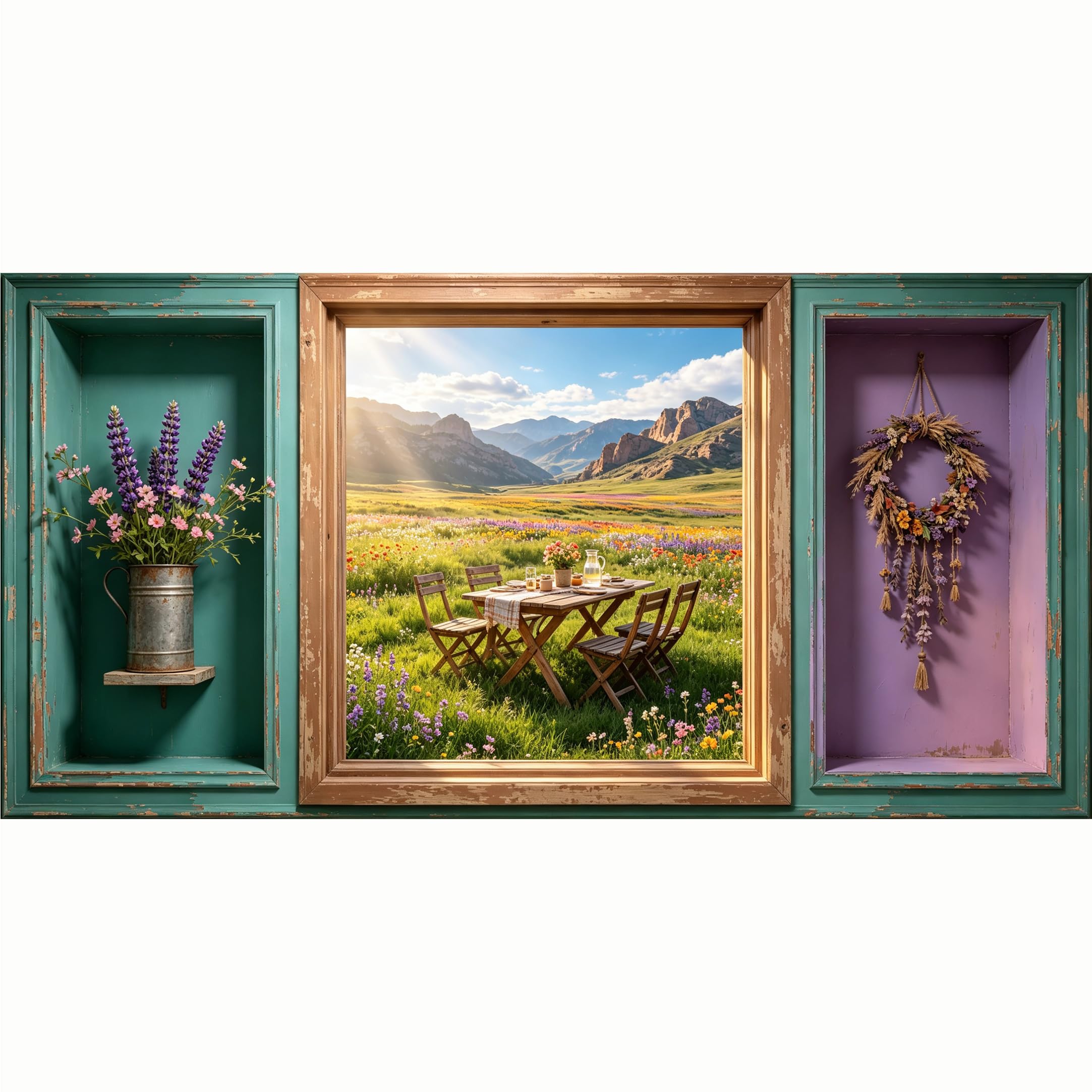 QZLITHOTIC 50x100cm 3D Framed Wall Art， Mountain Meadow Landscape Farmhouse Dining SelfAdhesive Mural， WaterActivated Peel & Stick Fabric Decor Wall Decal for Bedroom Living Room