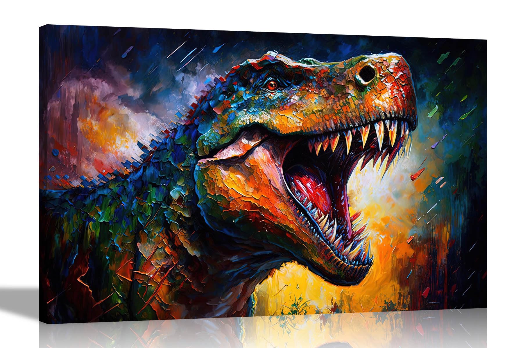 Artley Prints Multicoloured - Angry Roaring T-Rex Abstract Wall Canvas For Living Room, Bedroom, Hallway Pictures Dinosaur Prints Large 86 X 61Cm (34 X 24 Inches) A1