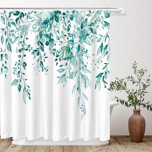 Vista 87 de Tititex - Juego de cortinas de ducha de eucalipto verde oliva, hojas de acuarela en la parte superior con decoración floral de baño, 60 x 72 Hojas