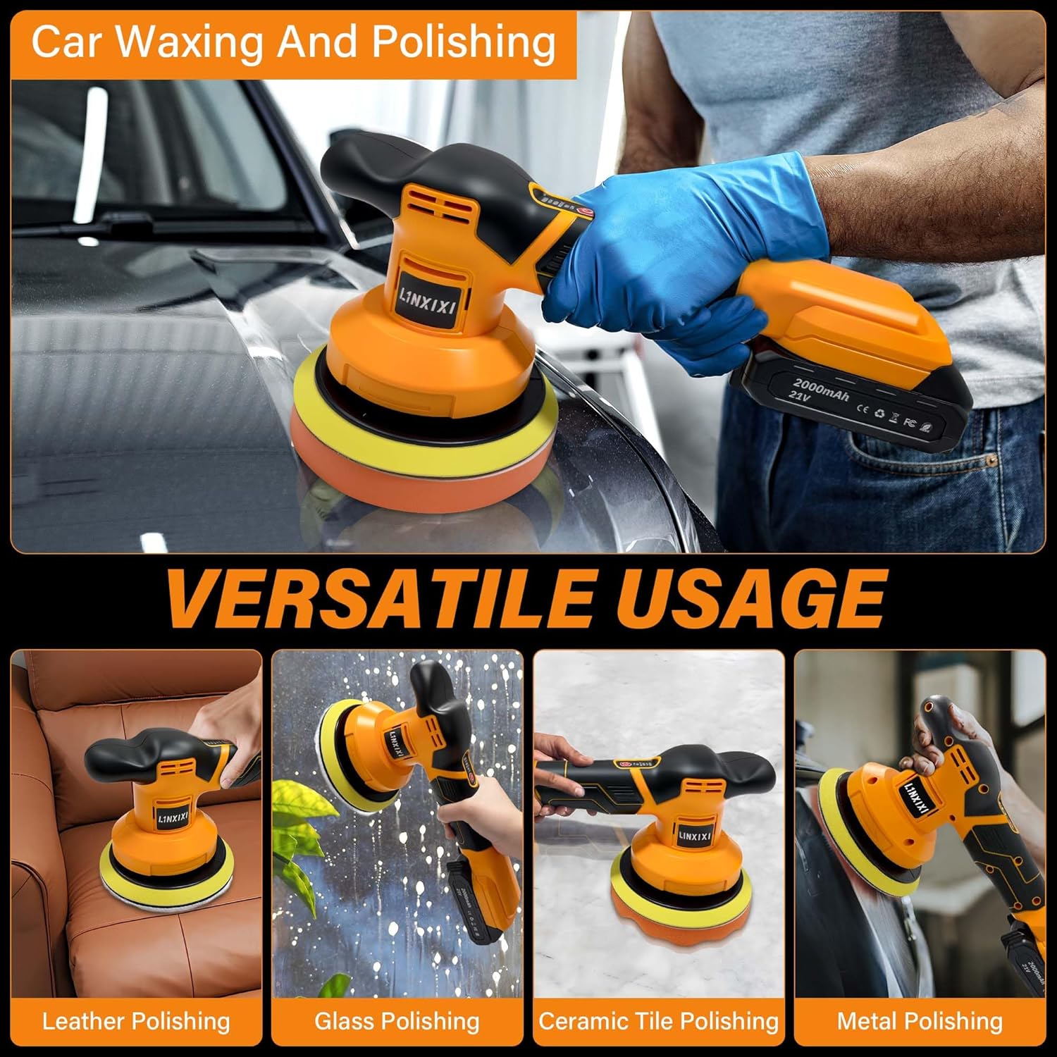 Cordless Buffer Polisher with 2 x 2000mAh Batteries, 6 Inch Car Polisher with 3 Variable Speed, Portable Orbital Buffers and Polishers Kit for Car Detailing, Waxing, Polishing