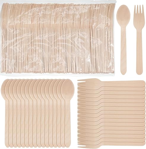 Mumufy Juego de cubiertos de madera desechables de 1000 piezas, cucharas y tenedores a granel, cubiertos de bambú resistentes para bodas, camping,