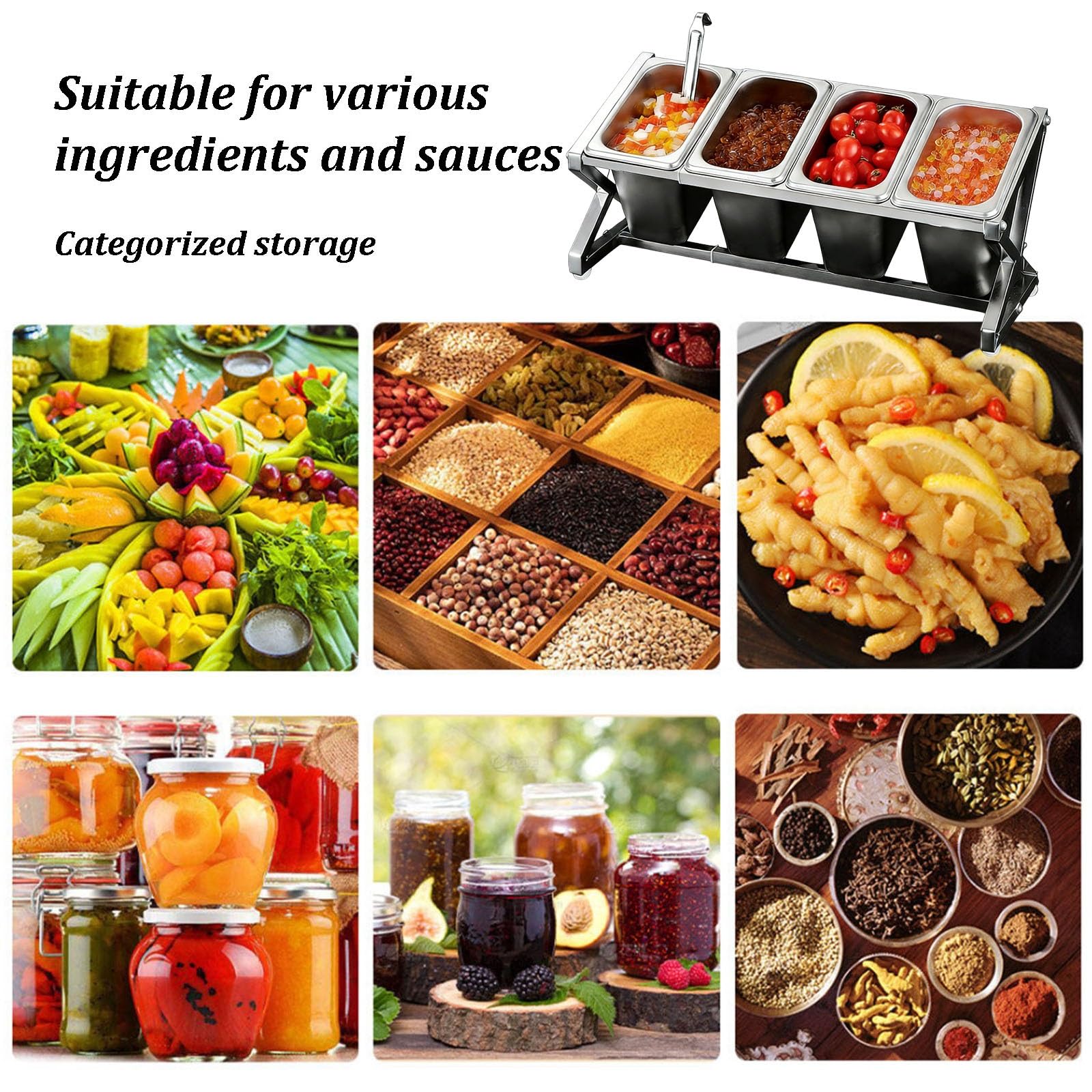 Estación de acero inoxidable para pizza con cuchara, organizador de condimentos con bandeja dispensadora de tapa, estante expandible para especias para salsas e ingredientes de frutas