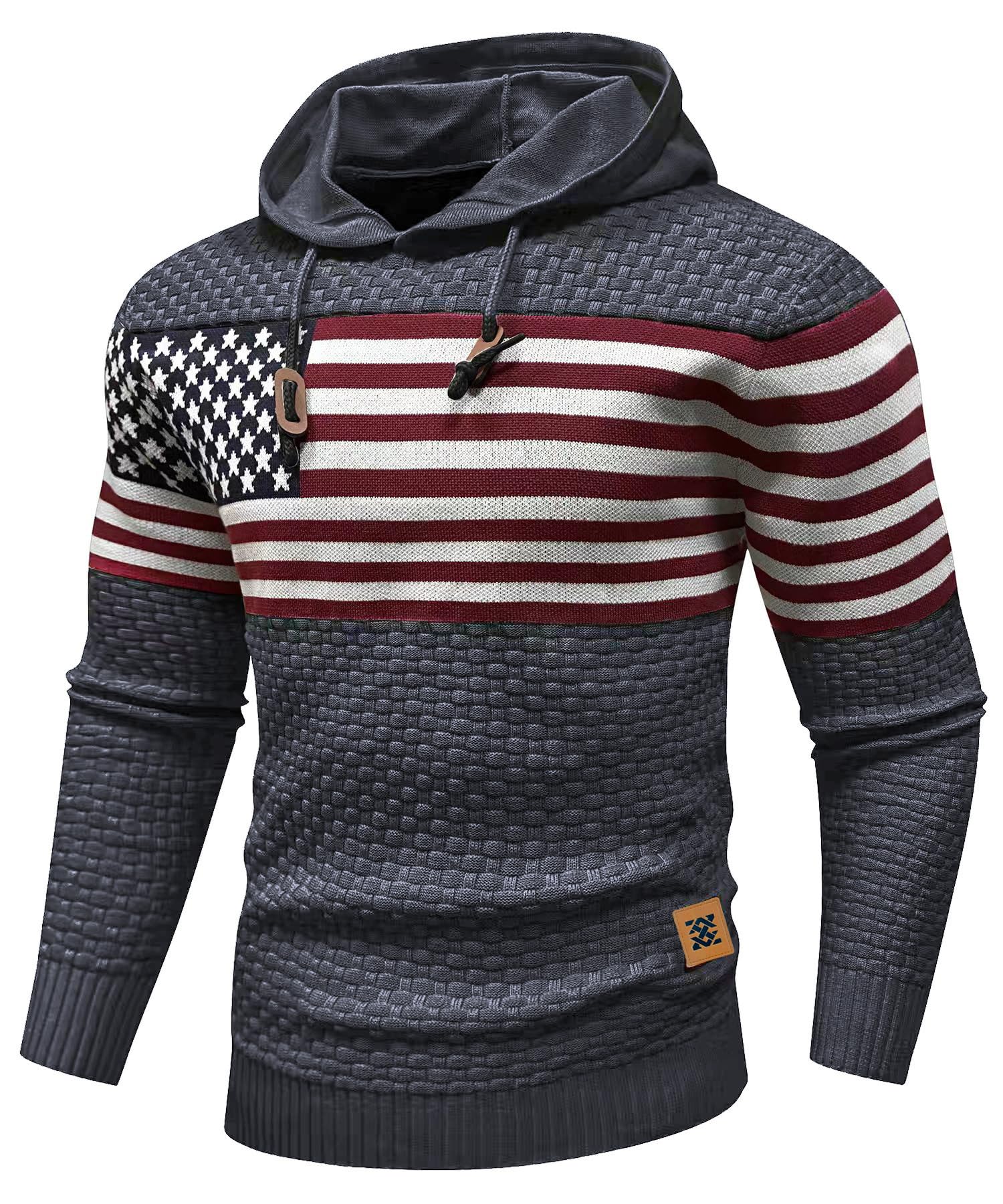 Zaitun Mens Hooded Sweatshirt Long Sleeve American Flag Knitted Hoodie Pullover Sweater