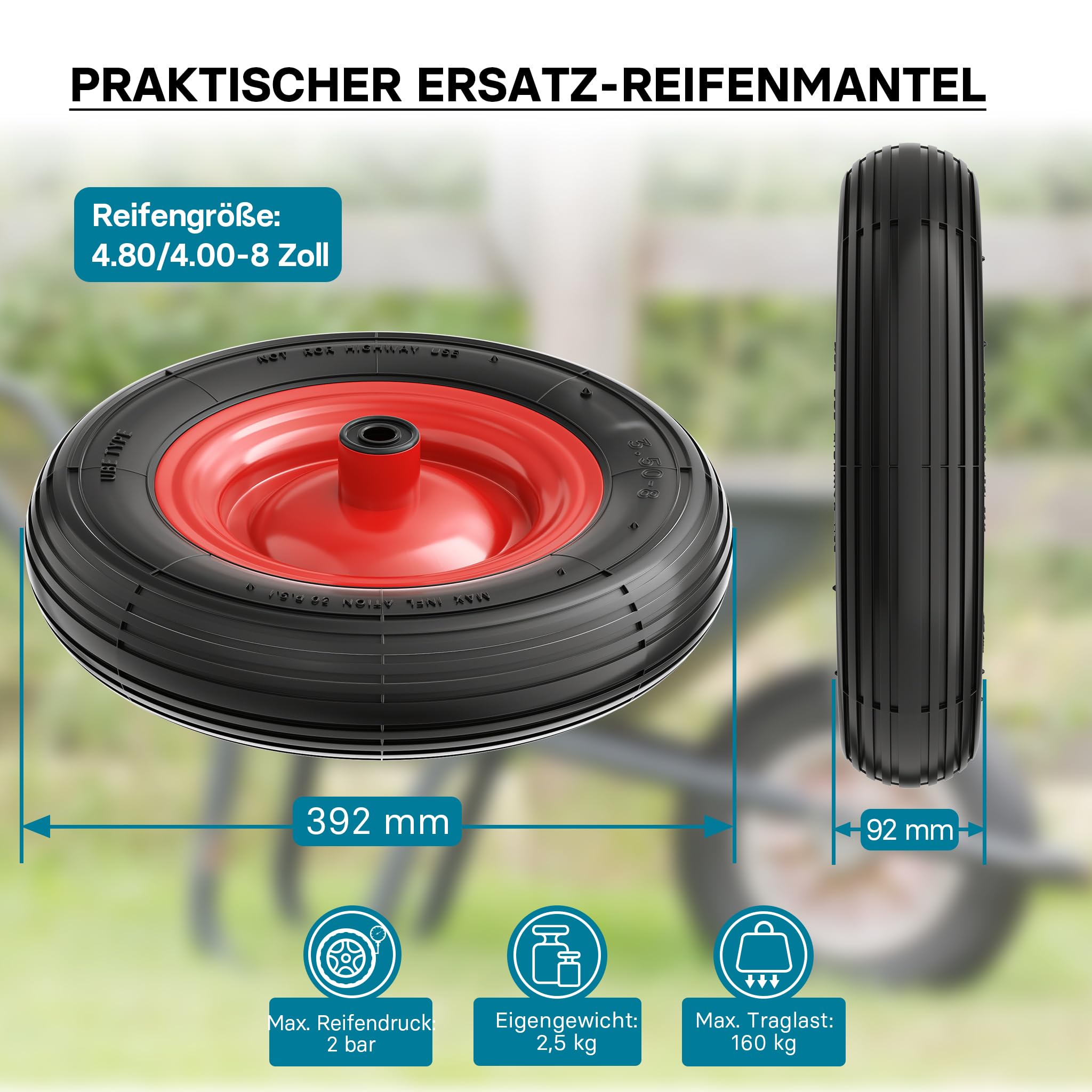 Wiltec Rad 4.00-8 400 x 100 mm 160 kg, Schubkarren Komplettrad mit Stahlfelge, Winkelventil, Luftreifen für Sackkarre, Bollerwagen u.a