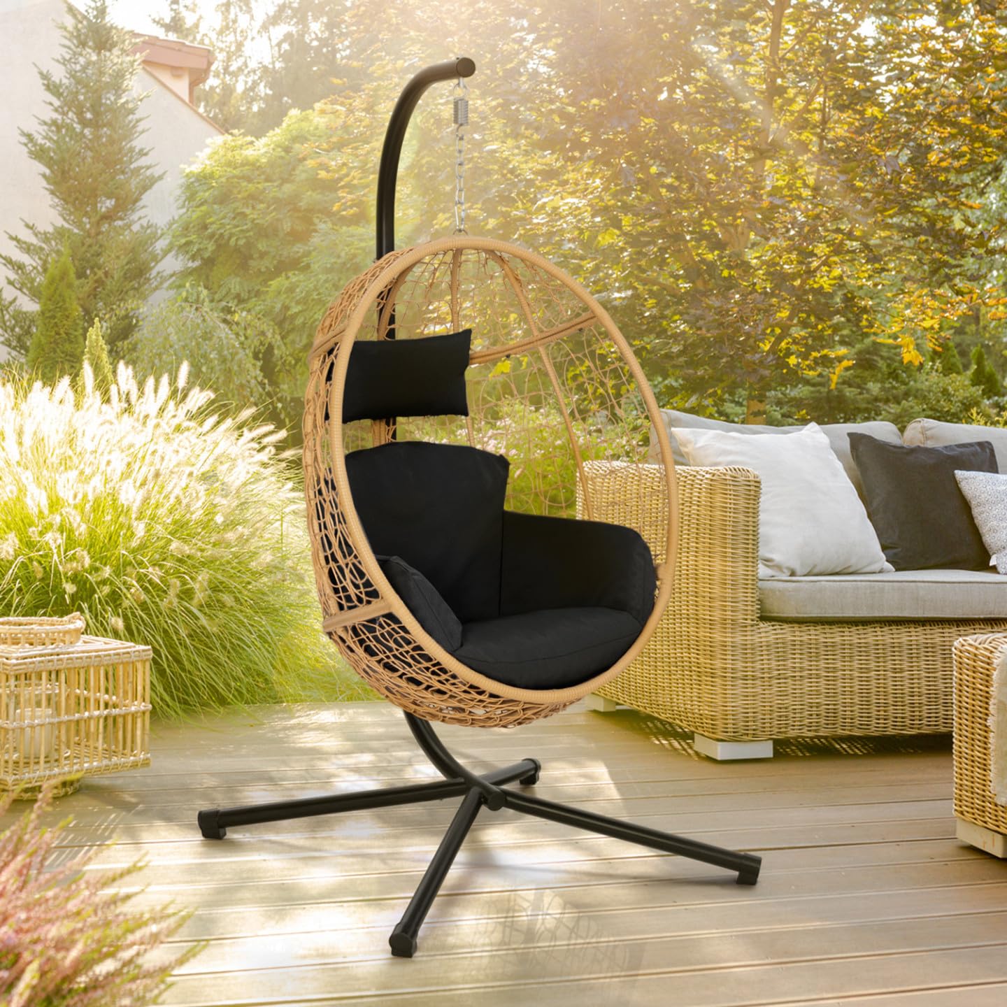 IDMarket - Fauteuil Oeuf Suspendu ajouré Effet rotin avec Coussin Noir