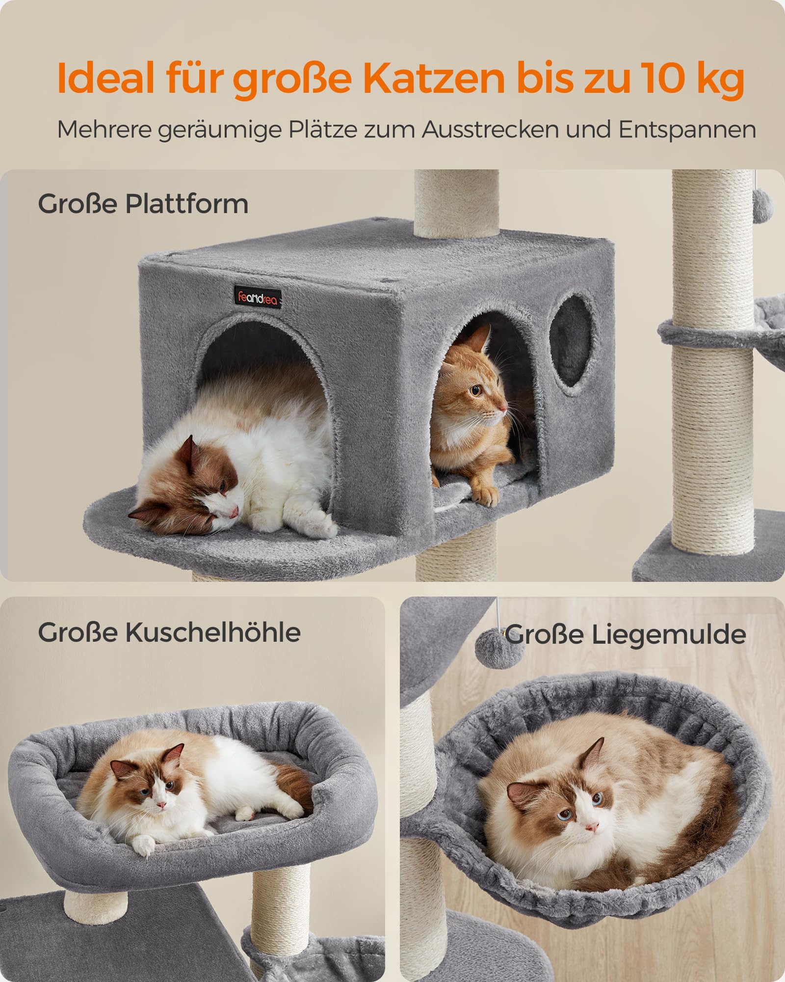 Feandrea Kratzbaum für große Katzen, XXL, hochbelastbar, Katzenturm mit 6 extra dicken Kratzsäulen, große Plattform, Höhle, Korb, flexibel aufbauen, abnehmbare, waschbare Kissen, hellgrau PCT01W