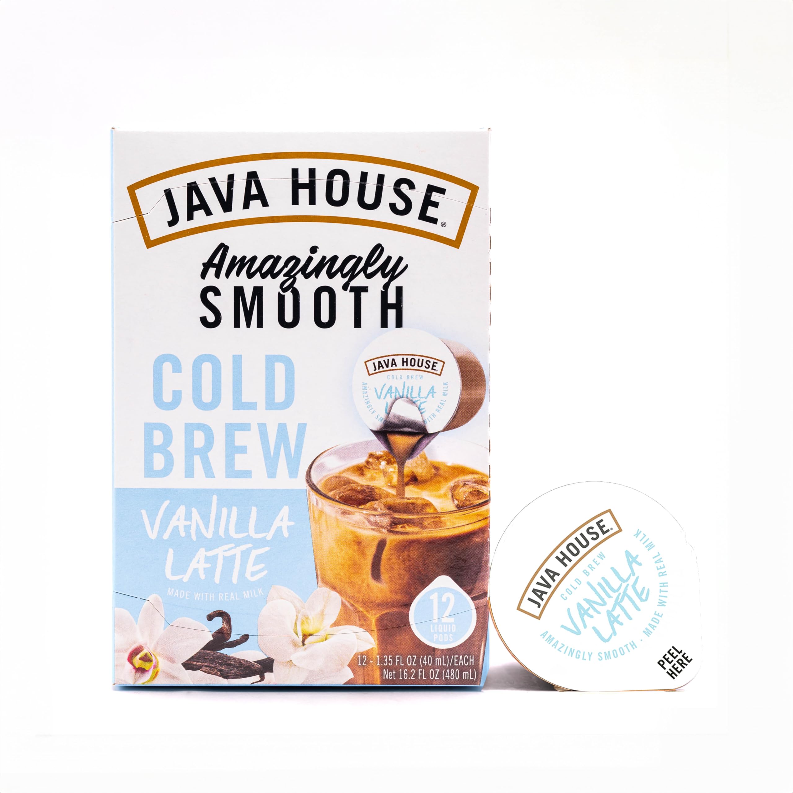 JAVA HOUSE French Vanilla Latte - Cápsulas de café frío (12 unidades) para pelar y verter cápsulas calientes o heladas