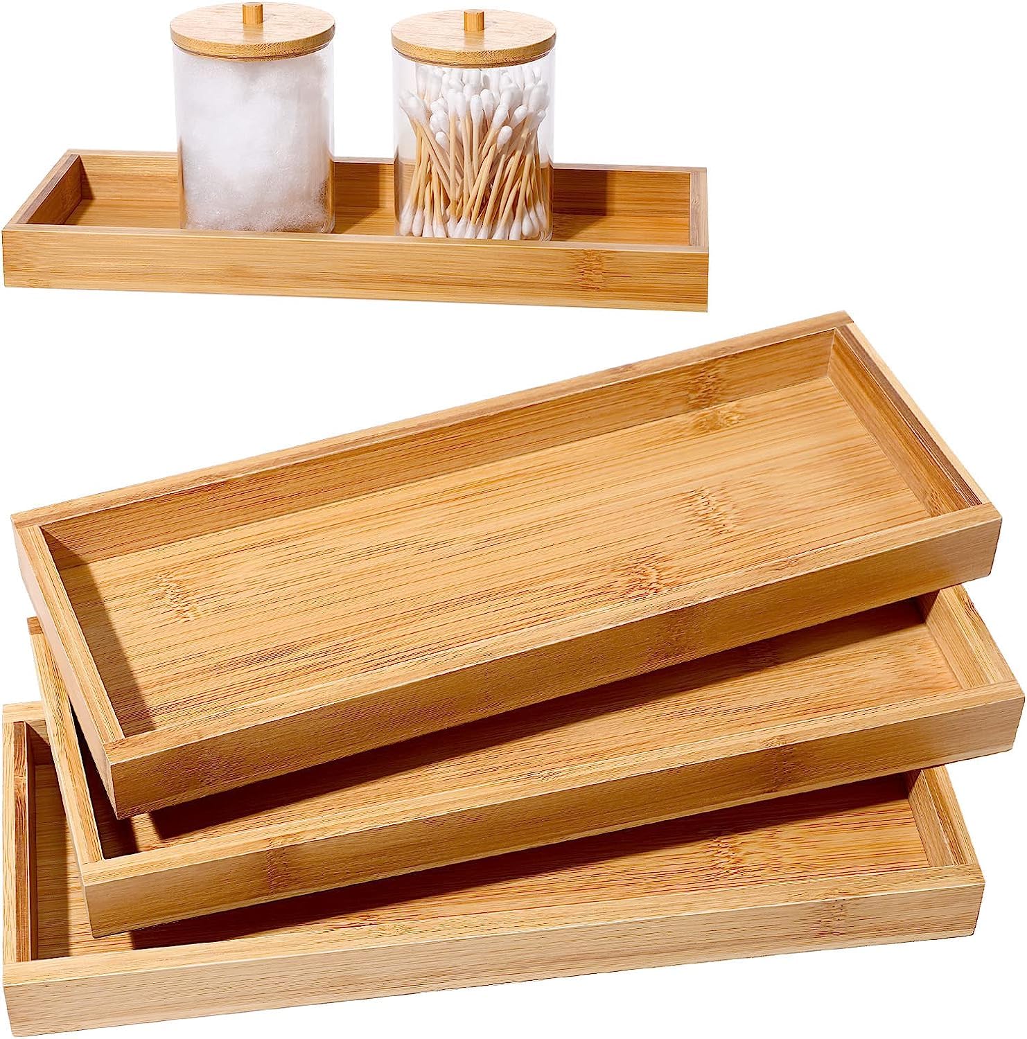 Azonee Bamboo Tea Serving Tray, with Edges Bamboo Perfume Tray, Decorative Multi Use Bathroom Counter Tray, for Dresser Counter Food Coffee Tea Snack Tissues Candles, 3 Pcs, 11 x 4 Inch