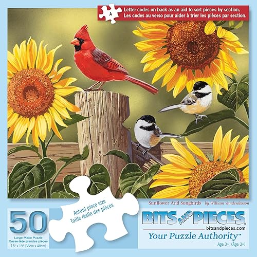 Bits and Pieces Rompecabezas de 50 piezas para adultos - Girasol y pájaros cantores - Rompecabezas de cardenales por William Vanderdasson, tamaño