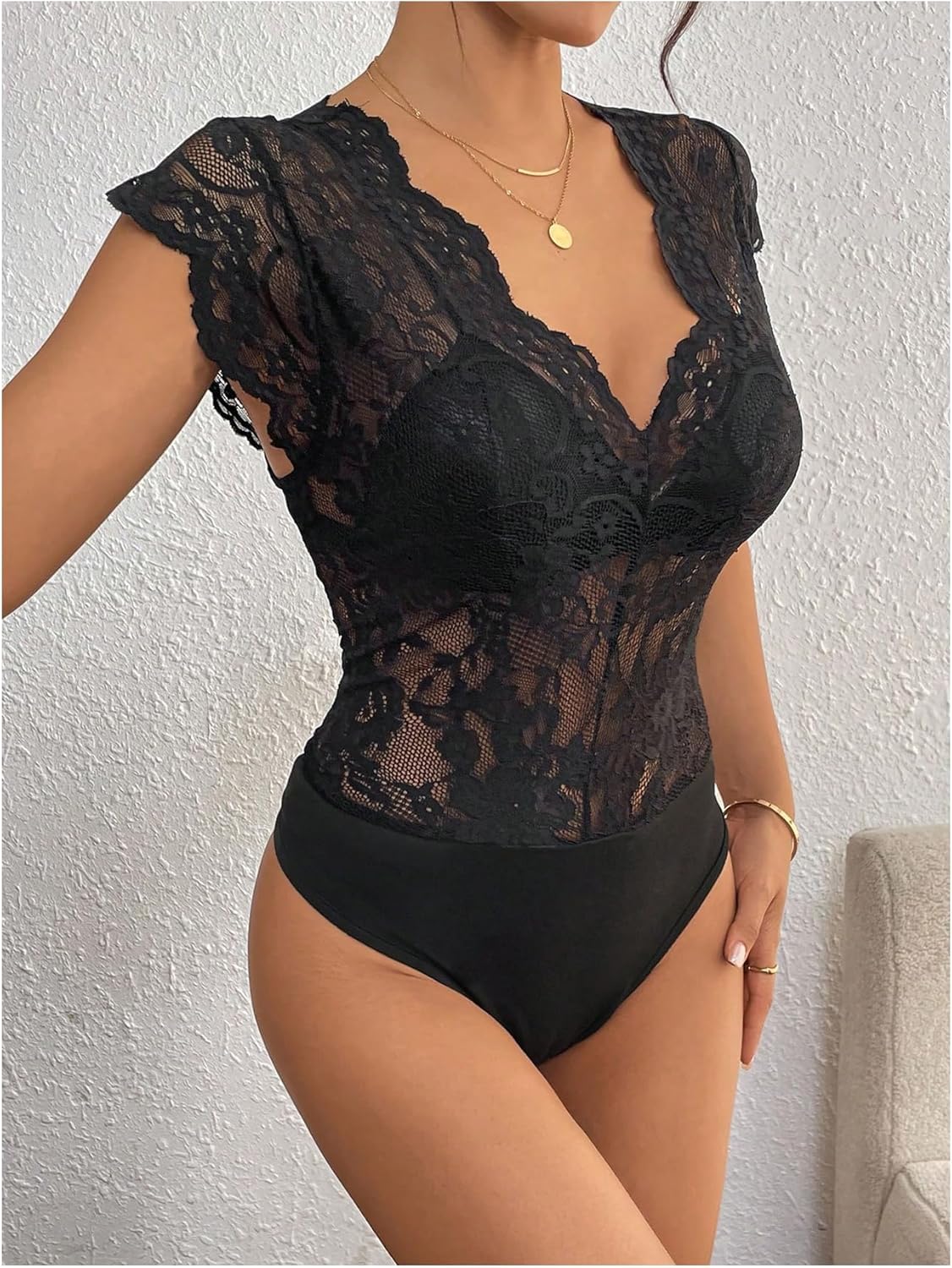 MakeMeChic Women's Lace Bodysuit Date Night Romper Deep V Neck Lace Tops Bodysuit - Image 4