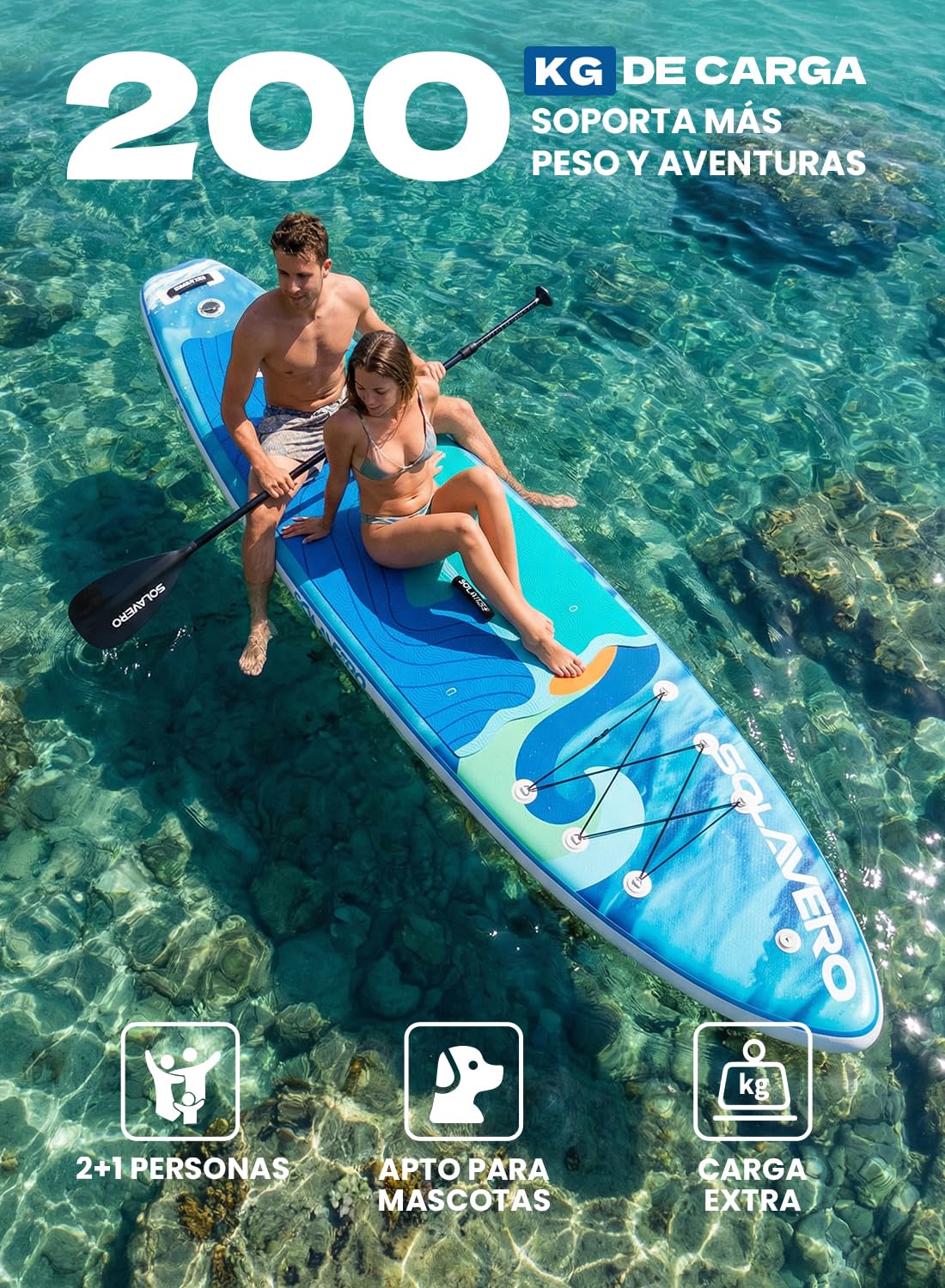 SOLAVERO Tabla Paddle Surf Hinchable, 335 x 83 x 15 cm Sup con Antideslizante EVA Deck, Paleta Ajustable, Soporte para Cámara, Quillas, para Todos los Niveles de Habilidad, hasta 200 kg