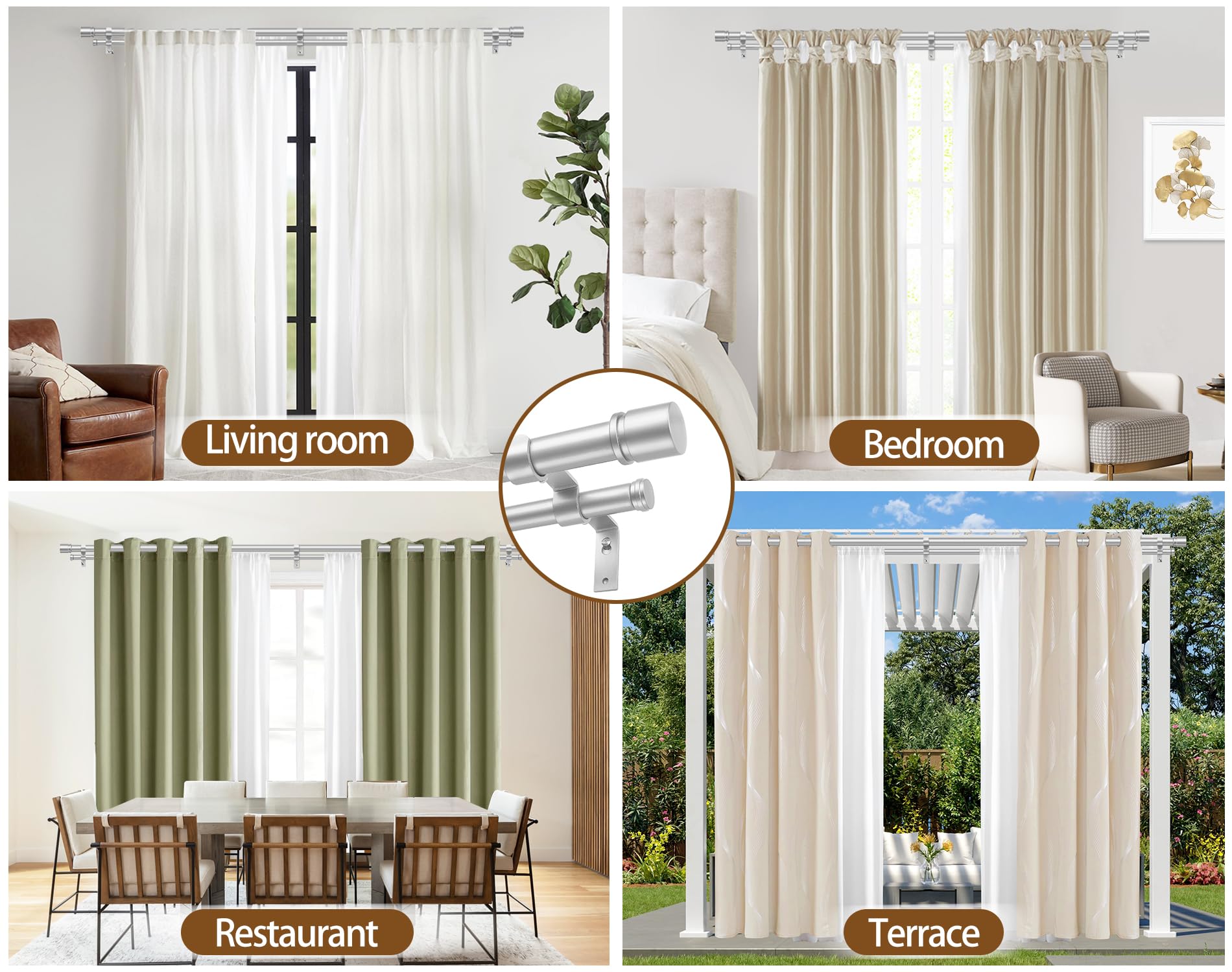 HOTOZON Barra de Cortina Doble 80-218 cm, 25 mm Diámetro Barra Cortinas Plata Extensible con Remates Clásicos, Juego de Barra de Cortina Doble para Baño, Salón, Dormitorio