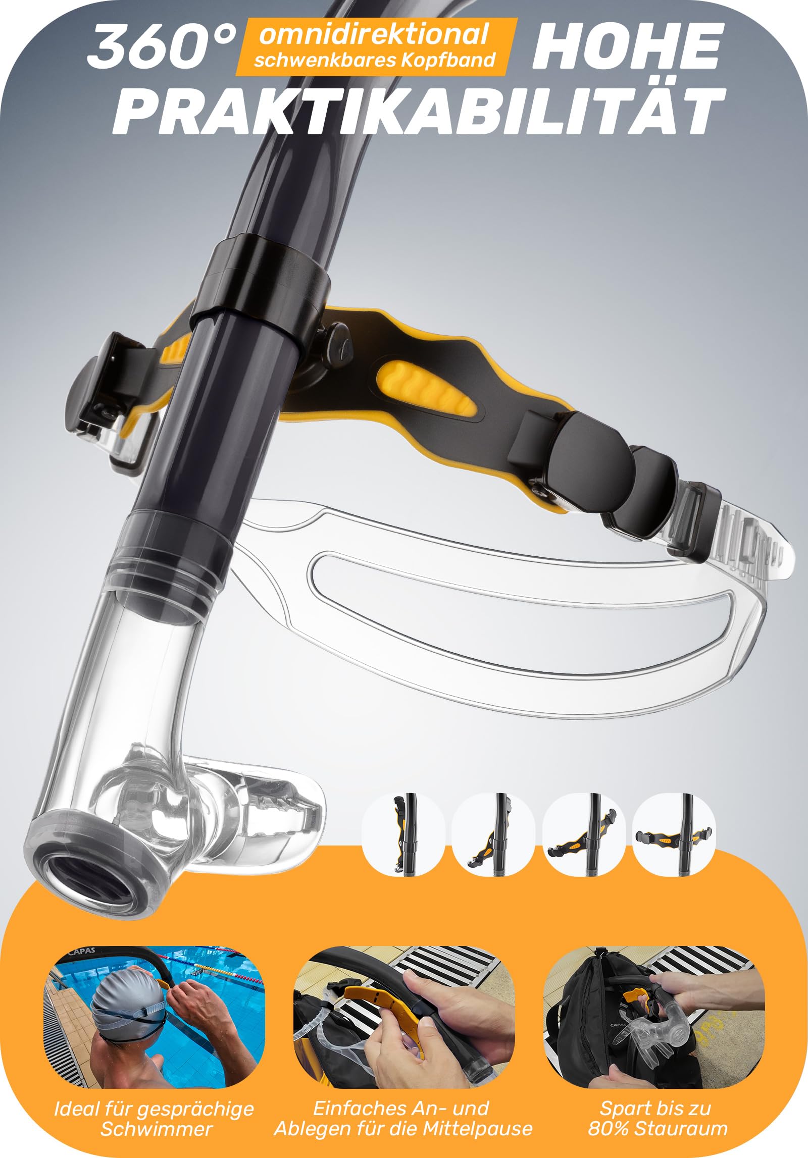CAPAS Training Schwimmen Schnorchel für Runde Schwimmen, ideale Passform, Schwimmer-Schnorchel mit Flüssigkeit Silikon Mundstück verstellbaren Riemen Swivel Stirnband, für Erwachsene Männer Frauen