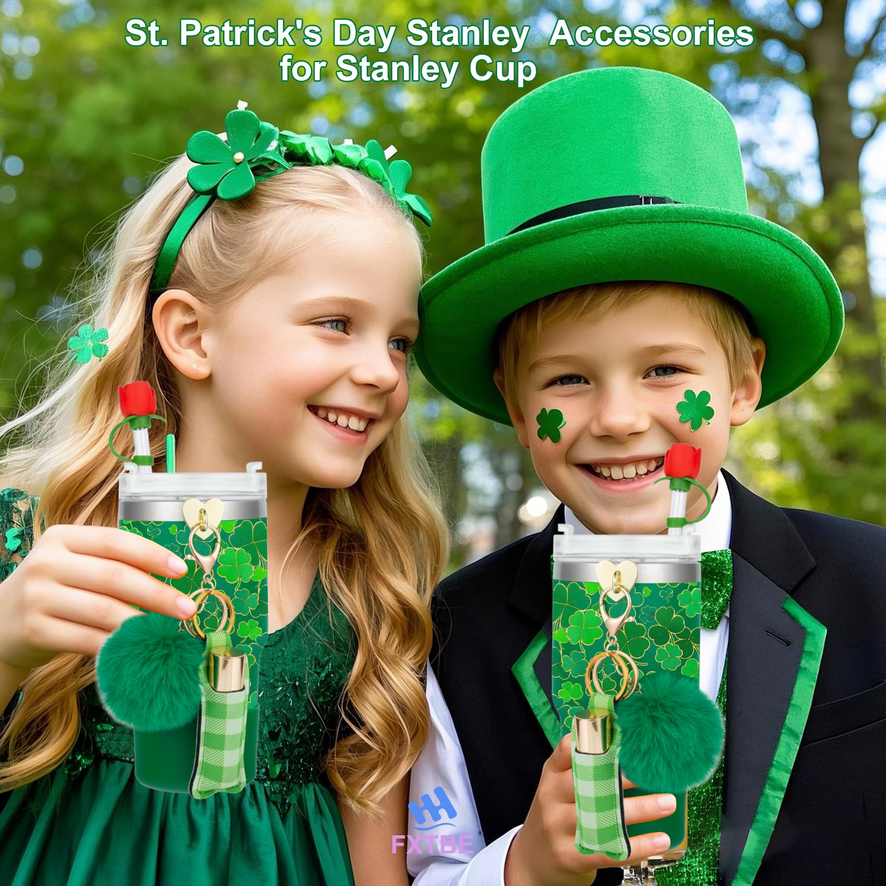 FXTBE Boot for St. Patrick's Day Stanley Cup Accessories 40 oz, Tumbler Boot for Meadow Green Stanley Cup Accessories 30 oz, Tumbler Accessory with Straw Covers, Keychain, Lipstick Holder