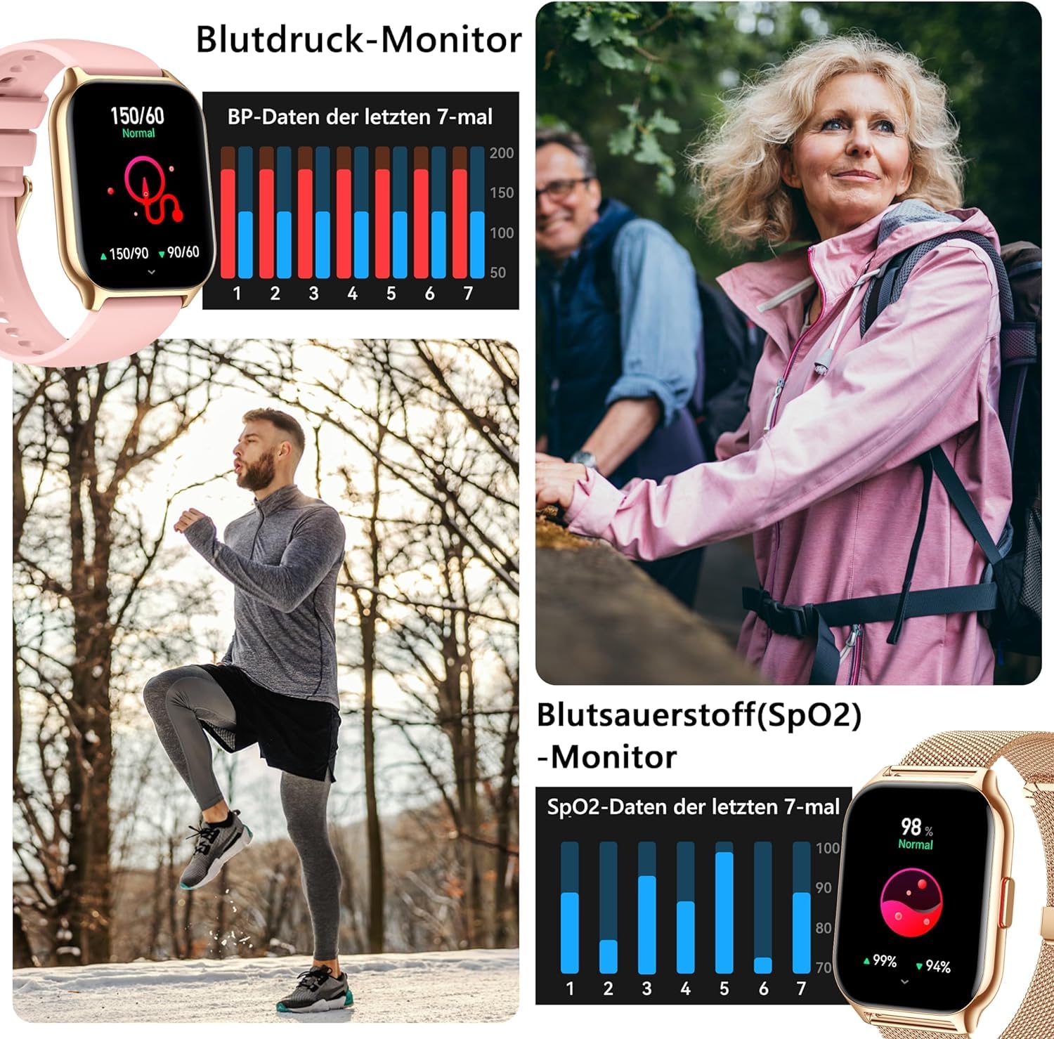 Smartwatch Damen Herren Fitnesstracker 2 Zoll Touch-Farbdisplay Telefonfunktion Blutdruckmessung Herzfrequenz Schlafmonitor SpO2 Sportuhr Schrittzähler Android iOS