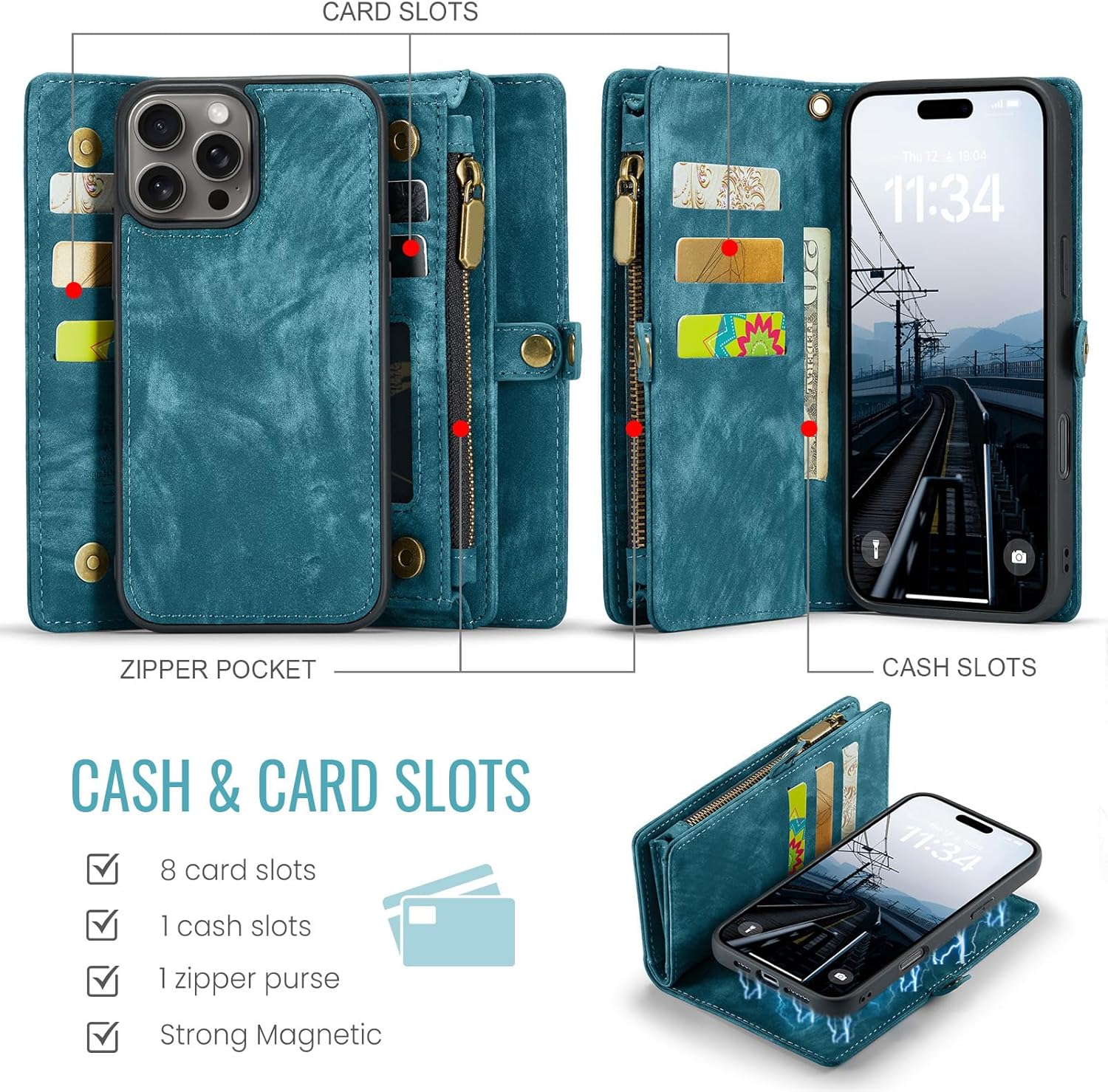 Asuwish Phone Case for iPhone 16 Pro 6.3 inch Zipper Wallet Magnetic Detachable Cover with Tempered Glass Screen Protector and PU Leather Flip Cash Card Holder Cell i Phone16 i16 16Pro Women Men Blue