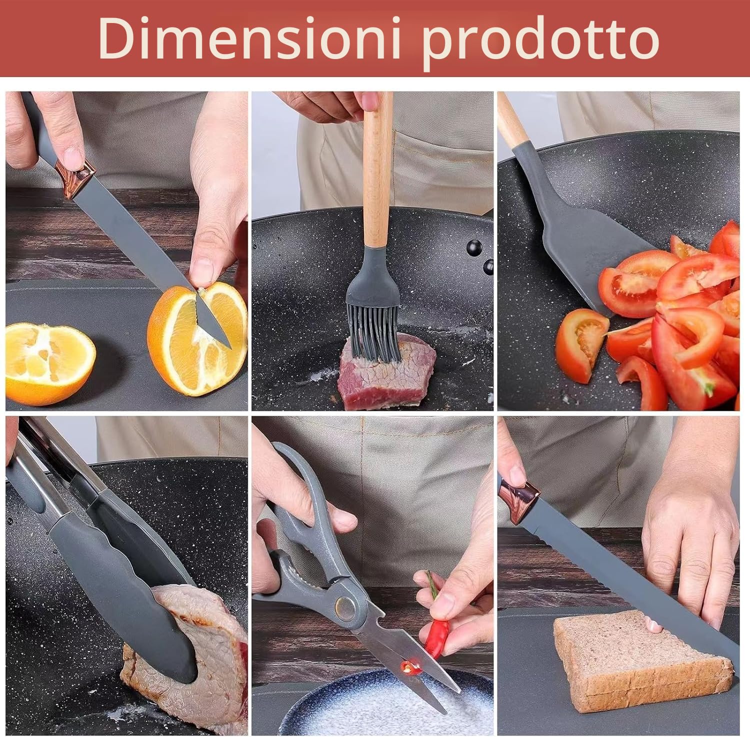 Set Coltelli da Cucina, pacchetto di utensili da Cucina da 19 pezzi, comprende 5 coltelli e 13 utensili da cucina in silicone, oltre a 1 scatola di stoccaggio (grigio)
