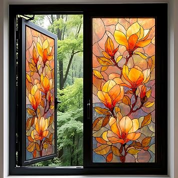 Window Privacy Film Stained Glass 17.5x39.4 inch Orange Floral