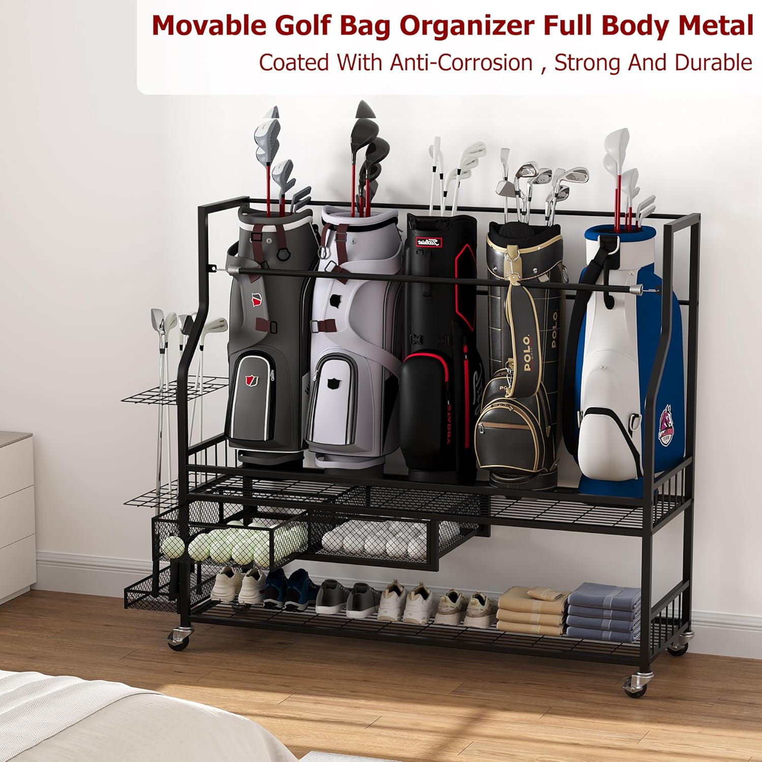 Golf Bags Storage Garage Organizer,Golf Bag Stand for 4 Golf Bags, Clubs, Balls, Golf Equipment Accessories, Golf Bag Storage Rack with Wheels