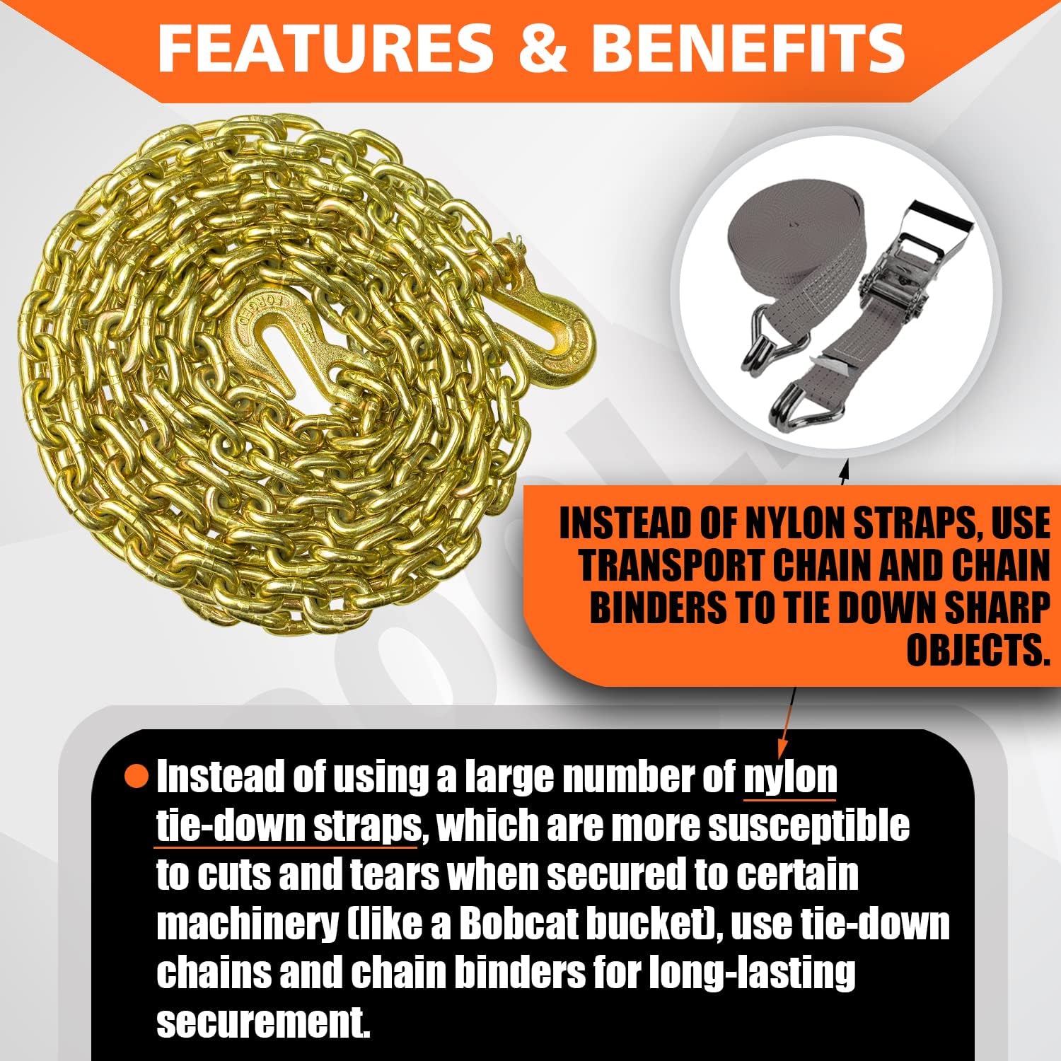 YATOINTO G80 Transport Binder Chain 5/16 Inch x 18 Foot with 2 Clevis Grab Hooks & 2 Added Clevis Snap Hook, 4,900 lbs SWL, Heavy-Duty Logging Chain for Transporting, Towing, Tie Down