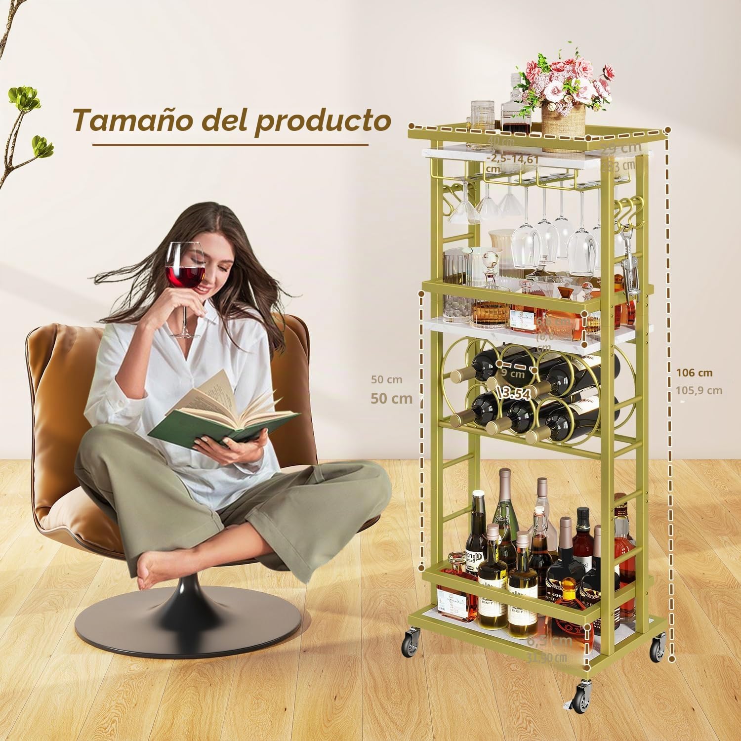 IBUYKE Botellero Vino con Ruedas, Carrito Bar 4 Niveles, Mini Bar rodante Blanco