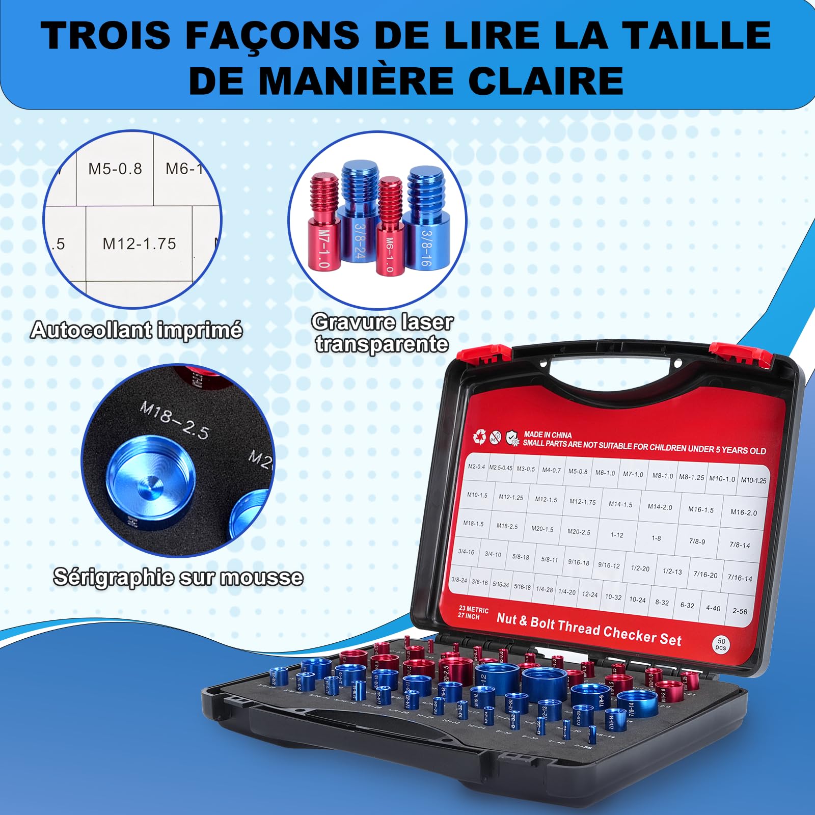 Jeu de 50 jauges de filetage - Testeur de filetage pour vis et écrous - Jauge de filetage en alliage d'aluminium avec métriques et impériaux - Convient pour la détection et la mesure des dimensions de