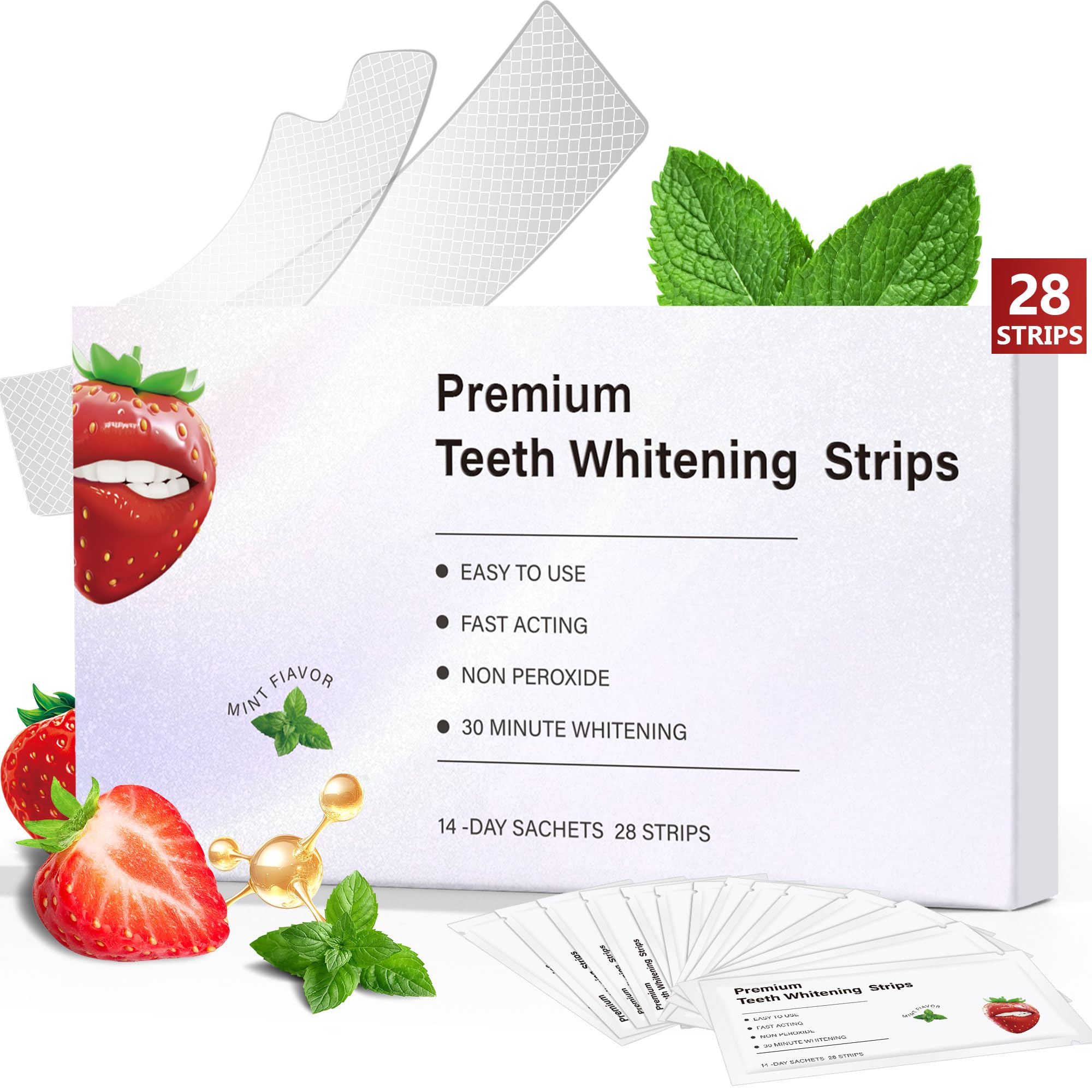 Teeth Whitening Strips- Teeth Whitener Peroxide Free Enamel Safe 28 White Strips 14 Whitening Treatments Deep Stains Removal