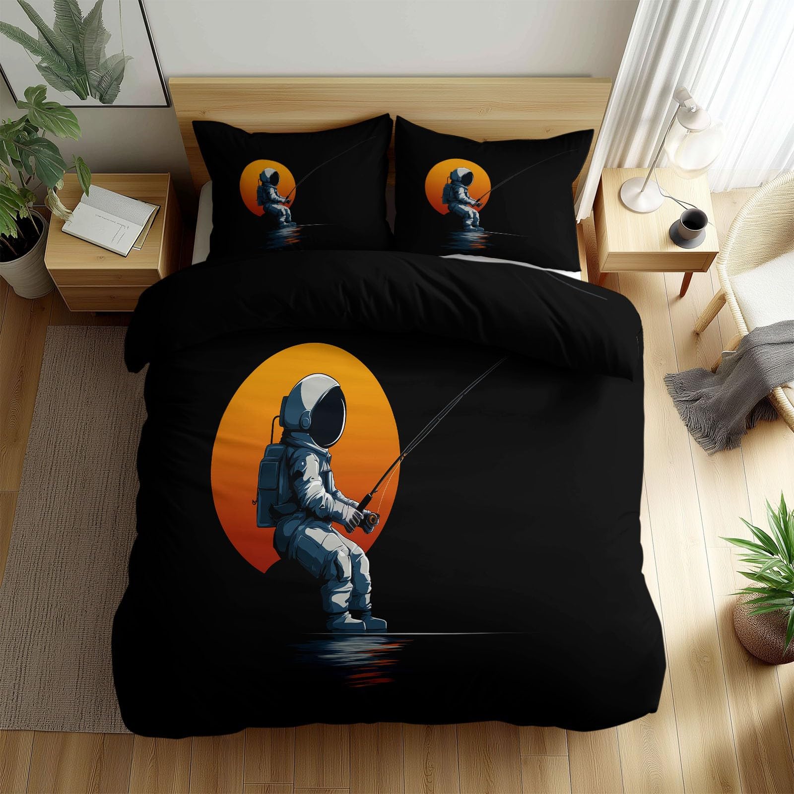 Générique Zestaw pościeli dziecięcej 140 x 200 cm kreskówka księżyc astronauta wędkarstwo poszwa na kołdrę z mikrofibry miękka i oddychająca, czarna pościel 1 osoba zamek błyskawiczny poszewki na