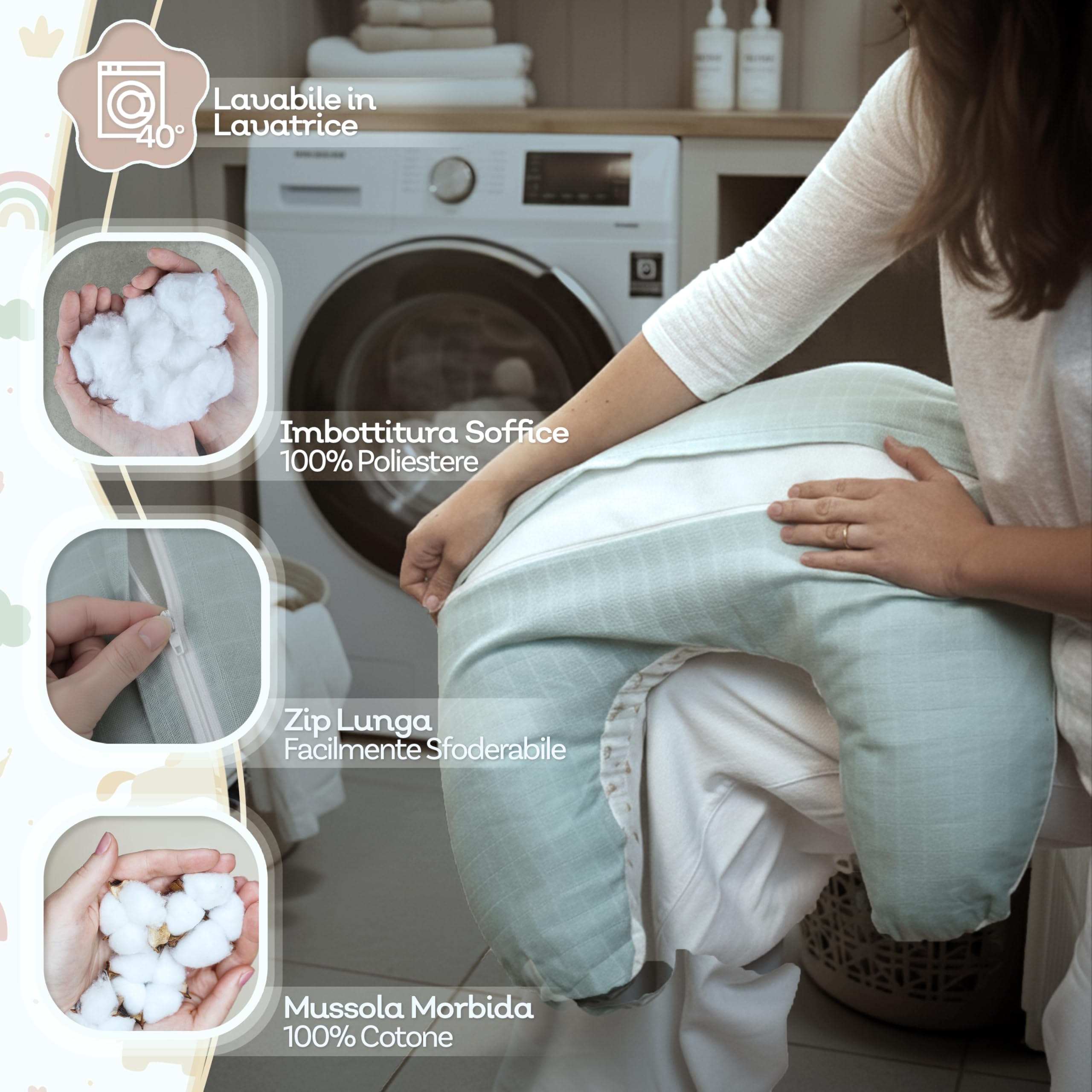 Cuscino Allattamento Neonato in Mussola Morbida 100% Cotone, Sfoderabile e Lavabile, Forma U per Gravidanza, Biberon e Supporto Baby