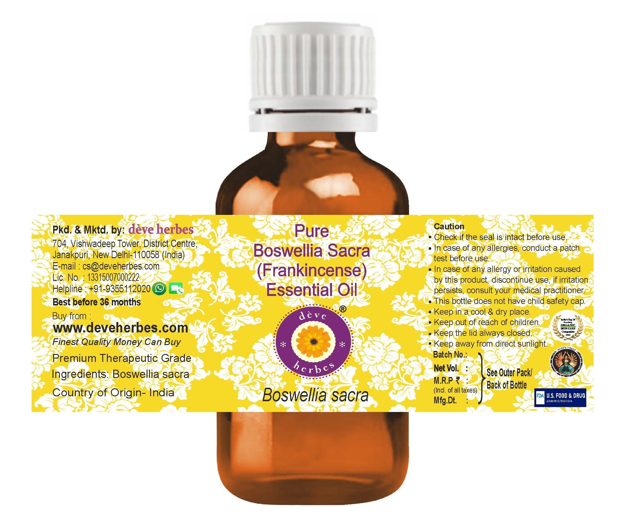 Deve Herbes Pure Boswellia Sacra (Frankincense) Essential Oil (Boswellia Sacra) Steam Distilled 100ml X 3 (10 oz)