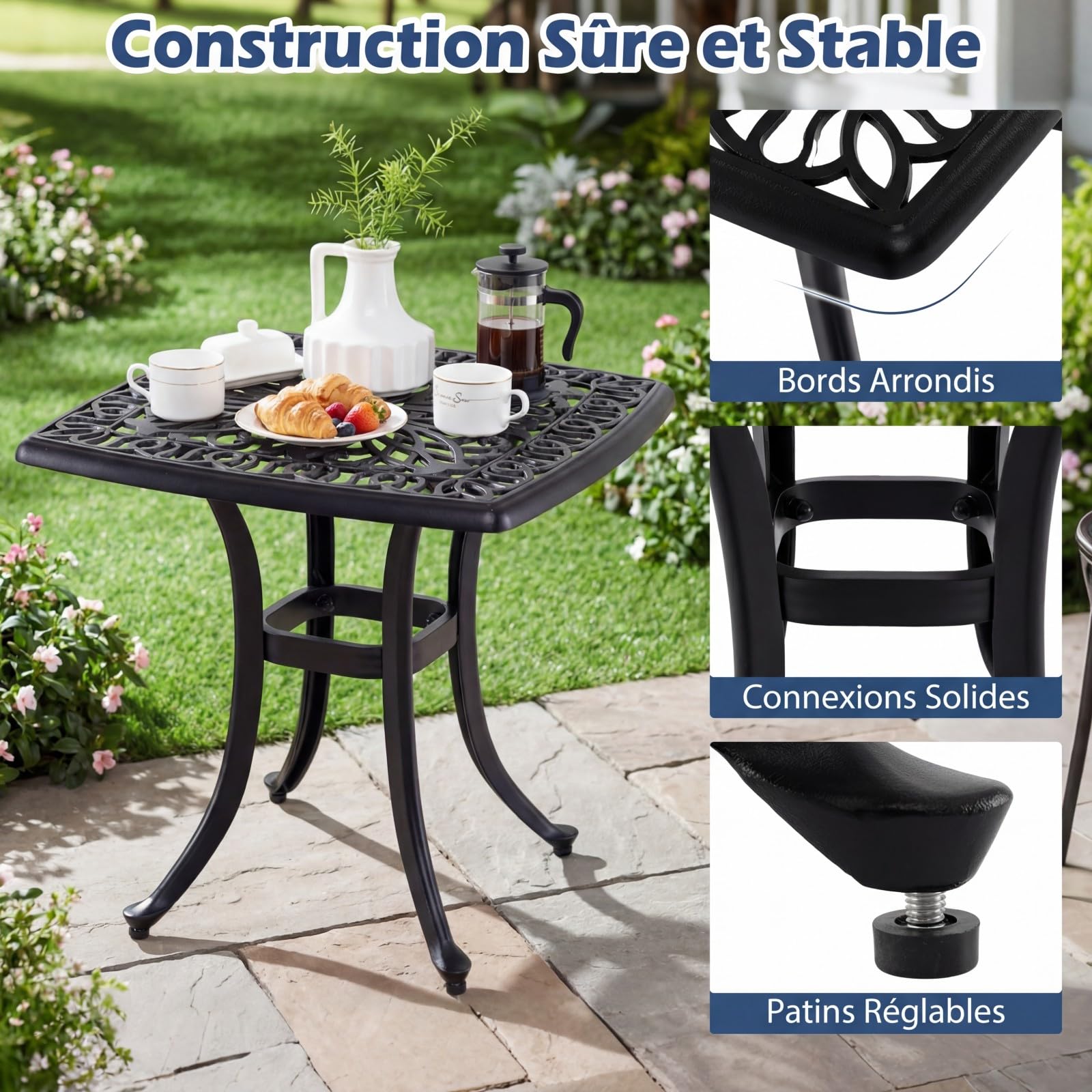 COSTWAY Table Jardin Carrée en Aluminium Moulé 54 CM, Table d'Appoint Extérieure Anti-Rouille avec Trou Intégré pour Parasol, Résistante aux Intempéries pour Patio Piscine Terrasse, Noir