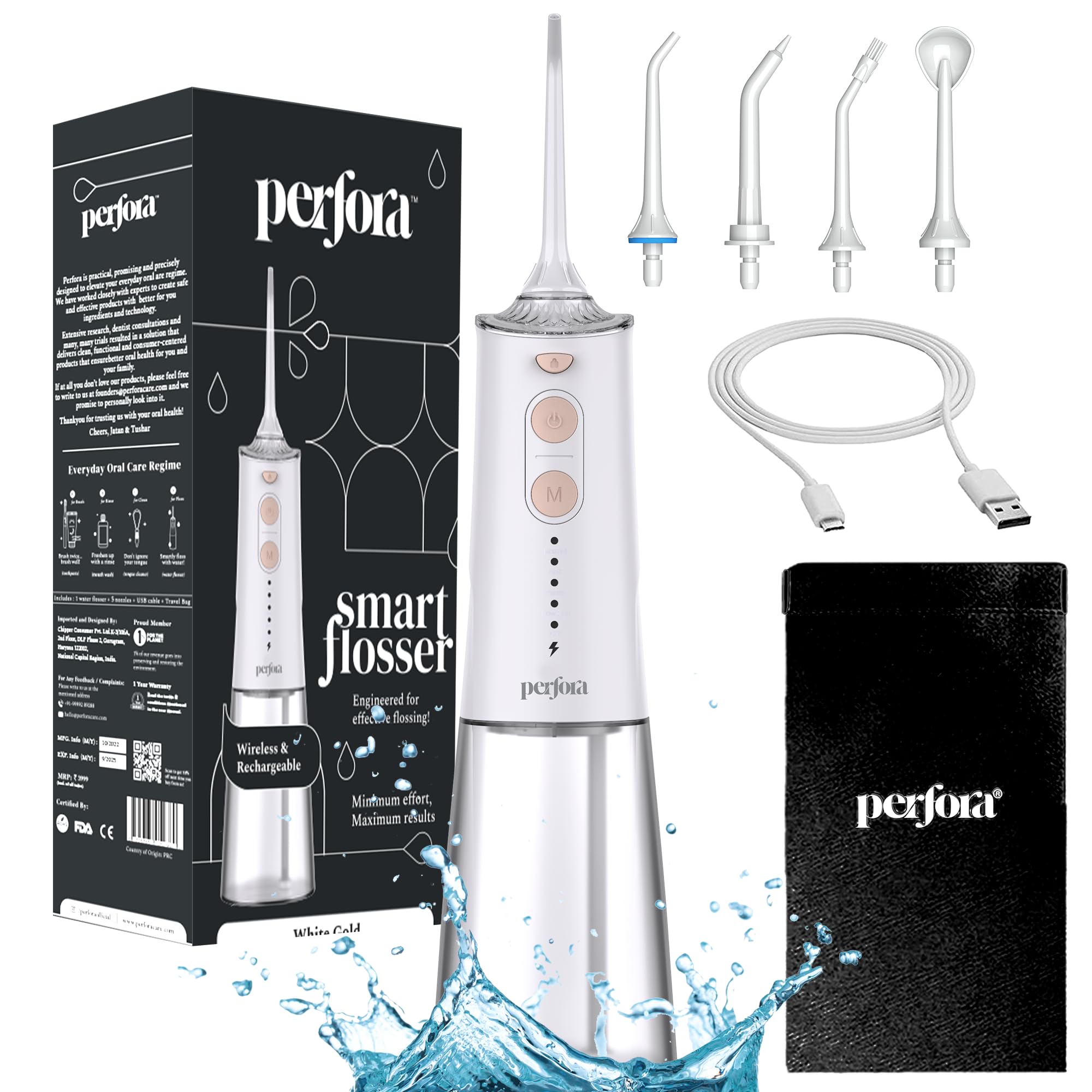 Perfora Smart Water Dental Flosser - 300 ml Tank Capacity with 5 Modes & 5 Nozzles | 2 Year Warranty | Dental Flosser For Teeth Oral Care, IPX7 Waterproof, Rechargeable (White Gold) (B09YS3R7ZD) Amazon Price History, Amazon Price Tracker