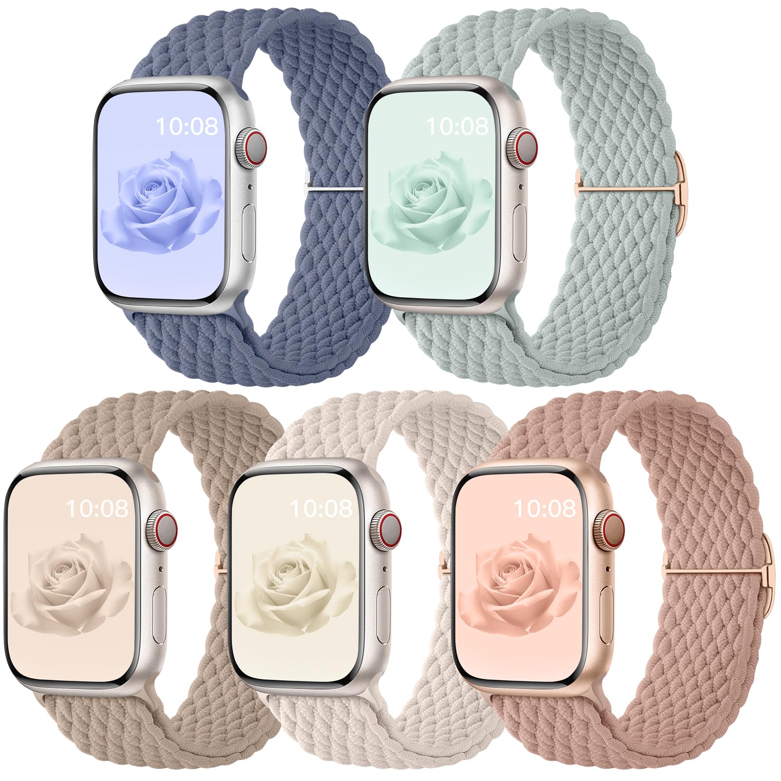 Lenrao 5 Pack Elastic Braided Solo Loop Compatible with Apple Watch Bands 42mm 38mm 40mm 41mm 46mm 44mm 45mm 49mm for Women, Stretchy Nylon Adjustable