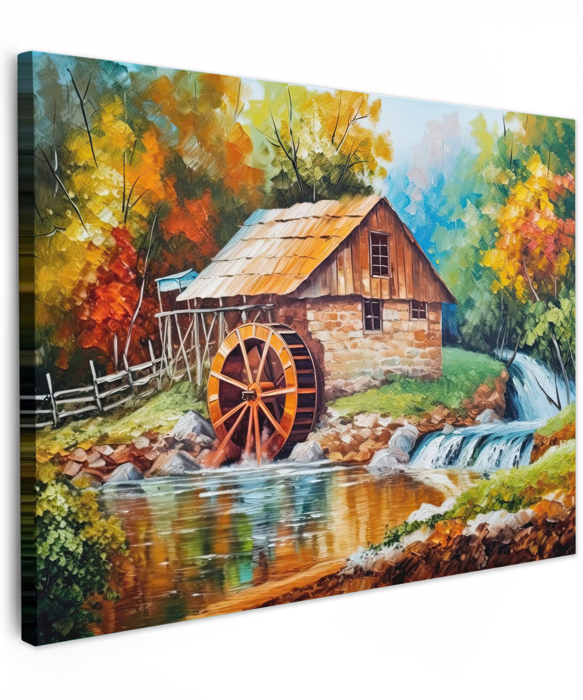 MuchoWow© Leinwandbild 40x30 cm Dekoration Wohnzimmer Bilder Aufhängen Wall Decoration Living Room Wohnungs Deko Moderne Kunstdruck - Bunt - Landschaft - Malerei - Haus - Kunst - Herbst