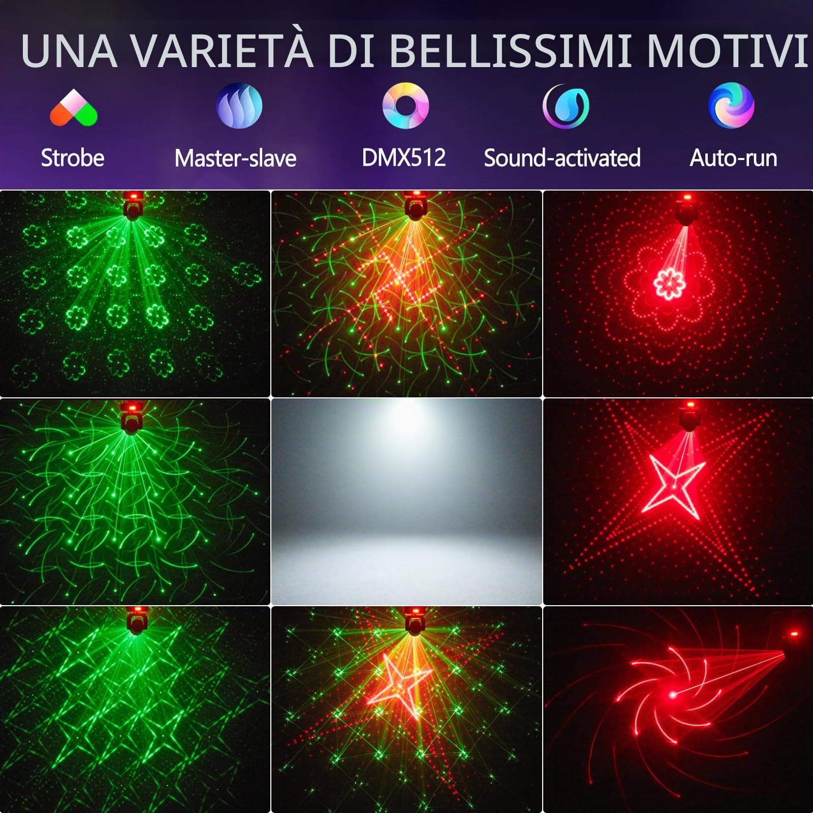 Luce da palcoscenico ad alta luminosità, lampada R+G, DMX a 12 canali, suono attivo, luce da DJ, luce da discoteca stroboscopica per feste, club, karaoke, 2 pezzi