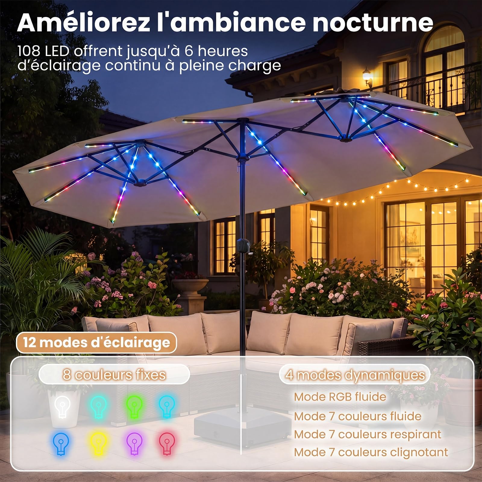 COSTWAY Parasol de Jardin Double 400 x 210 cm, Grand Parasol Rectangulaire avec LED, Manivelle Pratique, Structure à 12 Baleines, Protection Solaire pour Terrasse, Balcon, Camping (Marron)