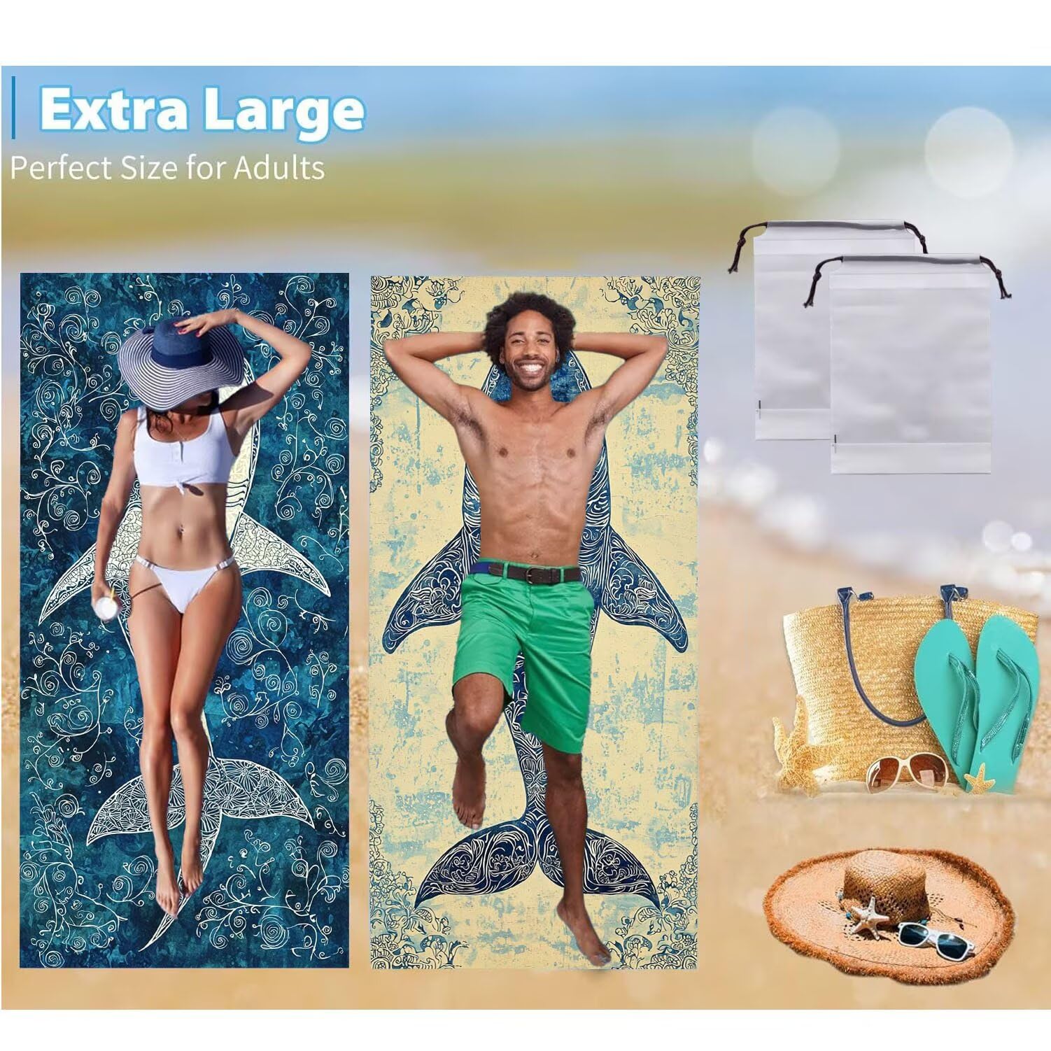 Toalla Playa 100 x 200 cm, Juego de 2 Toallas Microfibra Grande de Secado Rápido, Absorbente, Compacto, Toalla de BañO Sin Arena Verano Manta de Playa Mujer para Gimnasio Baño Regalo (Ballena) H-584