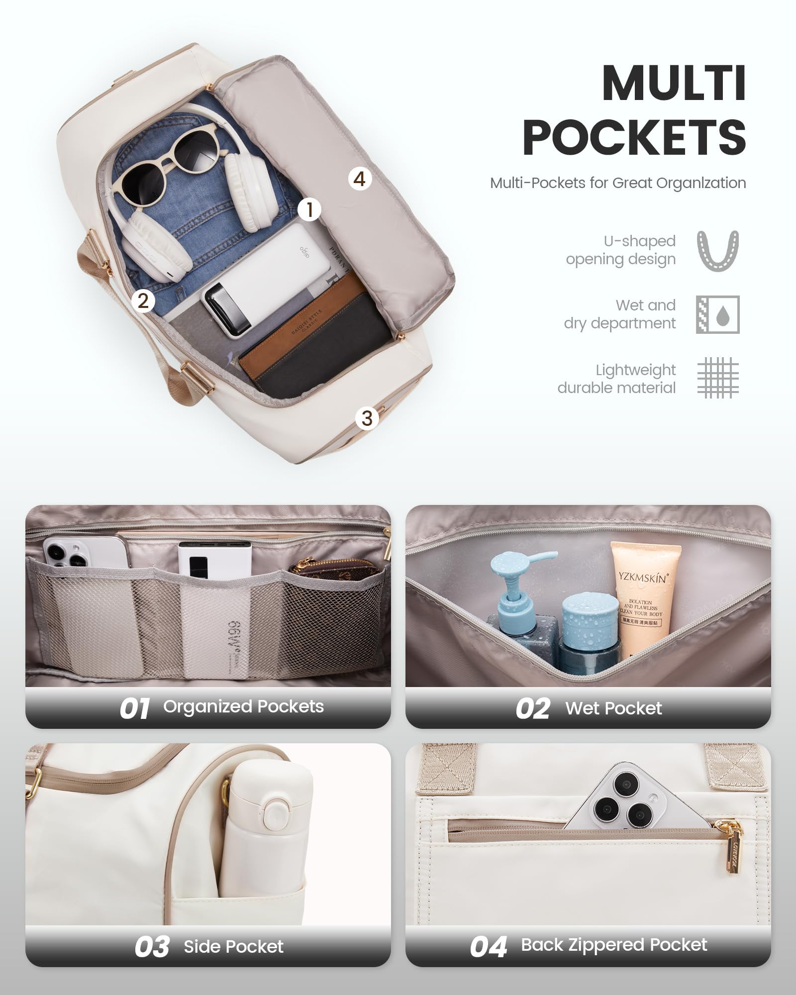 LOVEVOOK torba podróżna damska, torba weekendowa Travel Duffle Carry On Bag z kosmetyczką, kieszenią na buty i przegródką na mokre rzeczy, wodoszczelna torba sportowa Gym Yoga Bag, torba podręczna na