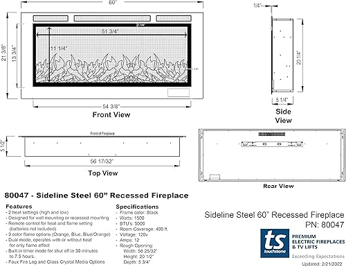 Miniatura 7 de Touchstone Chimenea eléctrica Sideline 80047 con pantalla frontal antirreflejos de 60"
