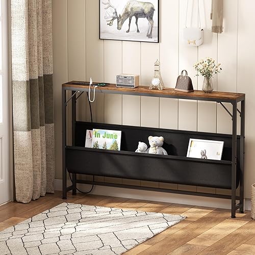 Miniatura 2 de Mesa consola delgada de 47.2 pulgadas con estación de carga y almacenamiento, mesa de sofá estrecha con tomas de corriente y puertos USB, mesa