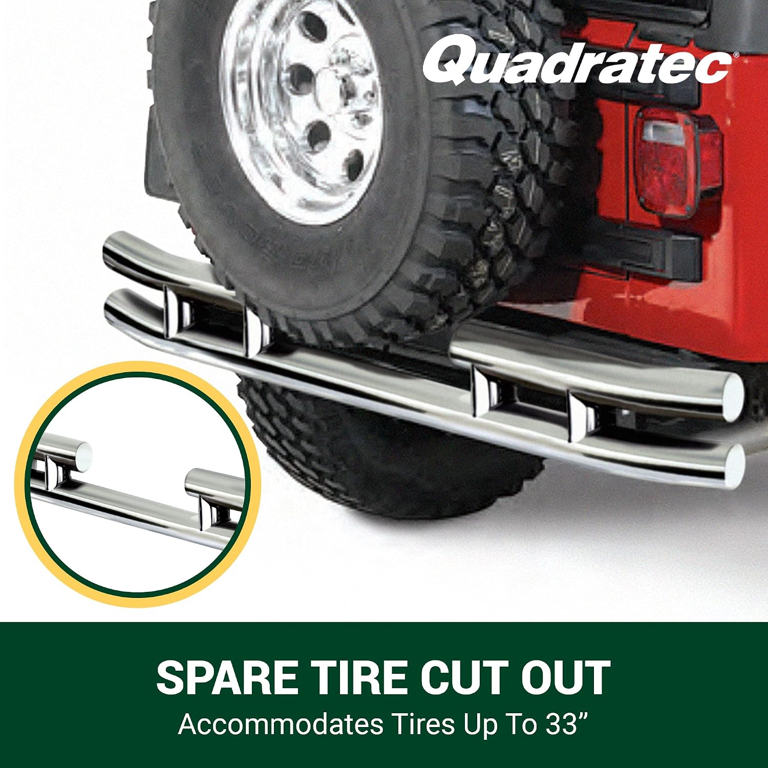 Quadratec QR3 Dual Tube Rear Bumper, Stainless Steel - Fits Jeep Wrangler YJ, TJ and Unlimited LJ - Accommodates Spare Tires up to 33" - Mandrel Bent 3" Steel Tube - Powder Coated Finish