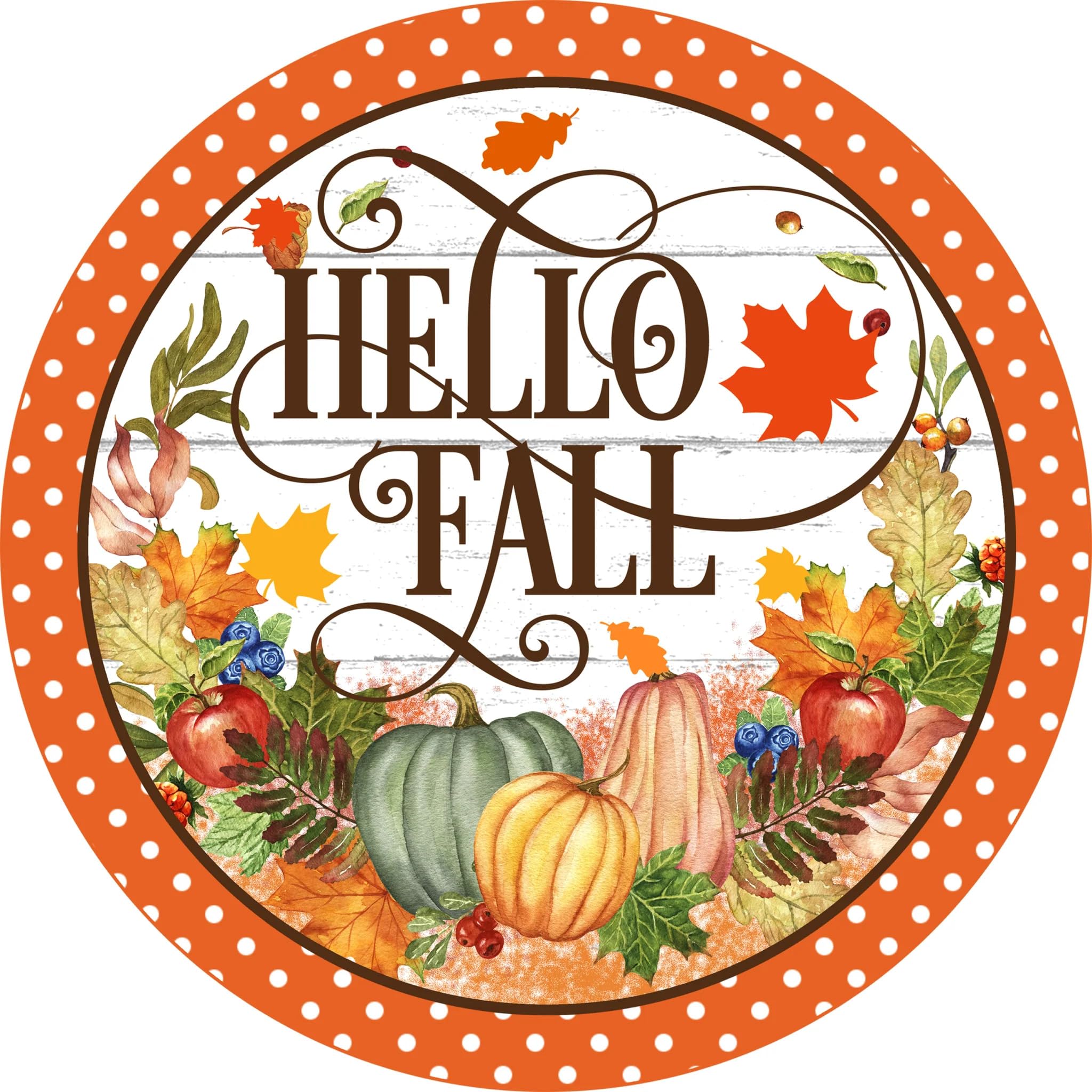 Round Metal Tin Sign Hello Fall Sign, Fall Pumpkin & Leaves Sign, Metal Round Wreath Sign Rustic Home Bar Kitchen Restaurant Wall Art Decor Sign 12x12 Inch