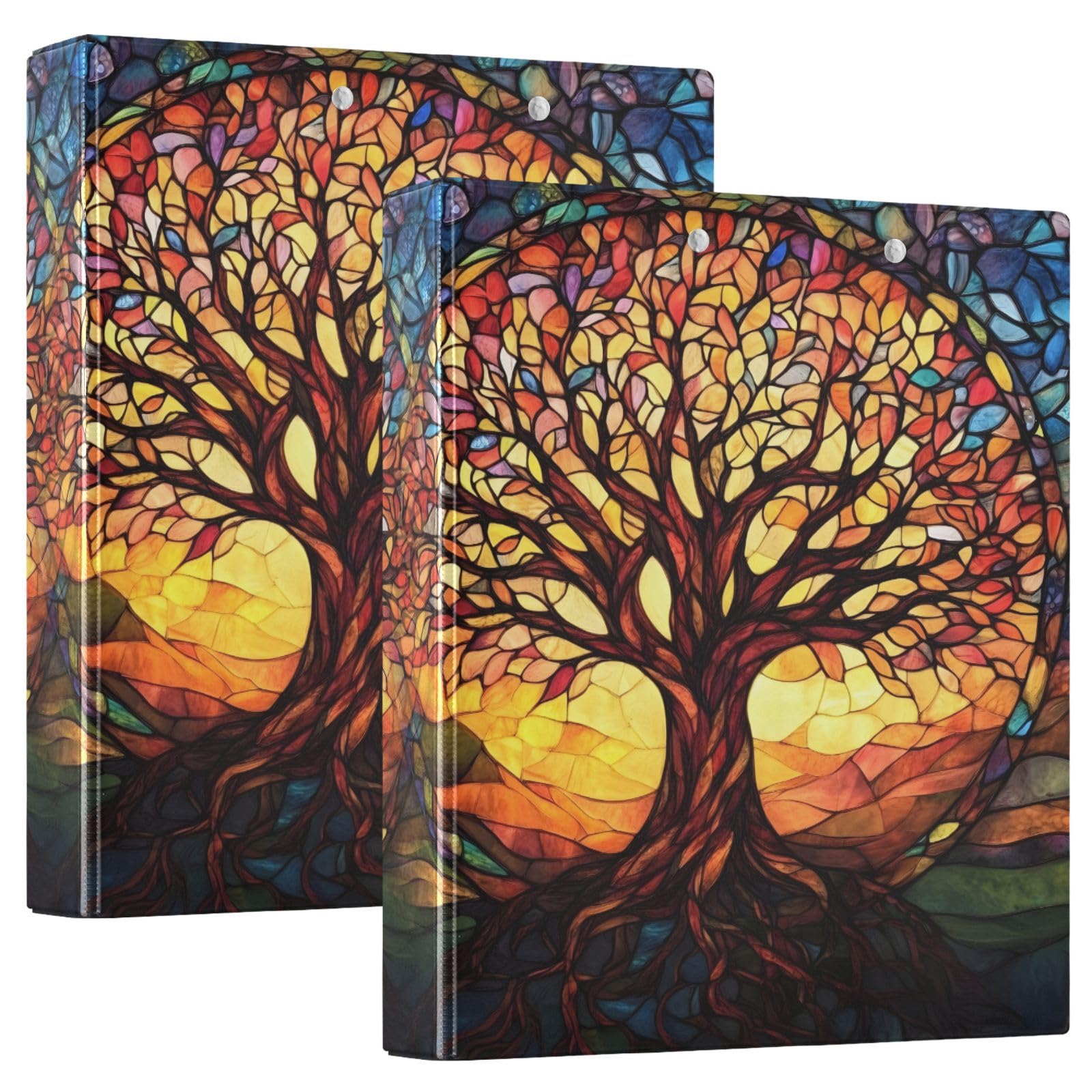 Tree of Life with Leaf 3 Ring Binder with 2 Interior Pockets 1.5 inch Binders 3 Ring Heavy Duty Fit 8.5" x 11" Letter Size for Office School, 2 Pack