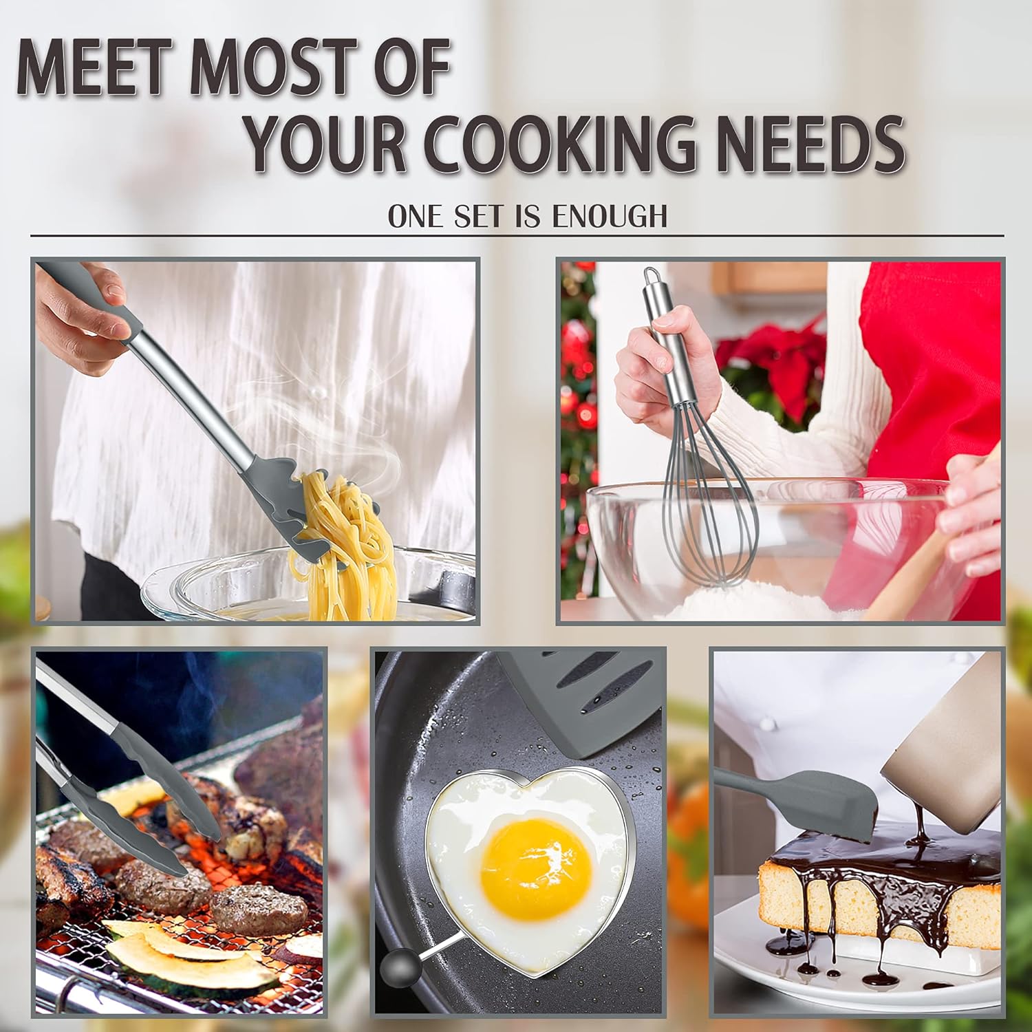 Silicone Cooking Utensils Set, E-far 14-Piece Gray Kitchen Utensils Set with Holder, Kitchen Tools Spatulas with Stainless Steel Handle for Non-stick Cookware, Heat Resistant & Dishwasher safe : Home & Kitchen